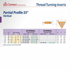 Carmex External Right Hand Vertical Partial Profile 55° Thread Turning Insert 7-5 TPI / 22V ER N55 BLU