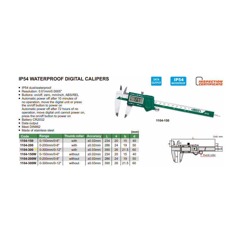 INSIZE IP54 Digital Caliper  0-300mm / 0-12" Range Series 1104-300