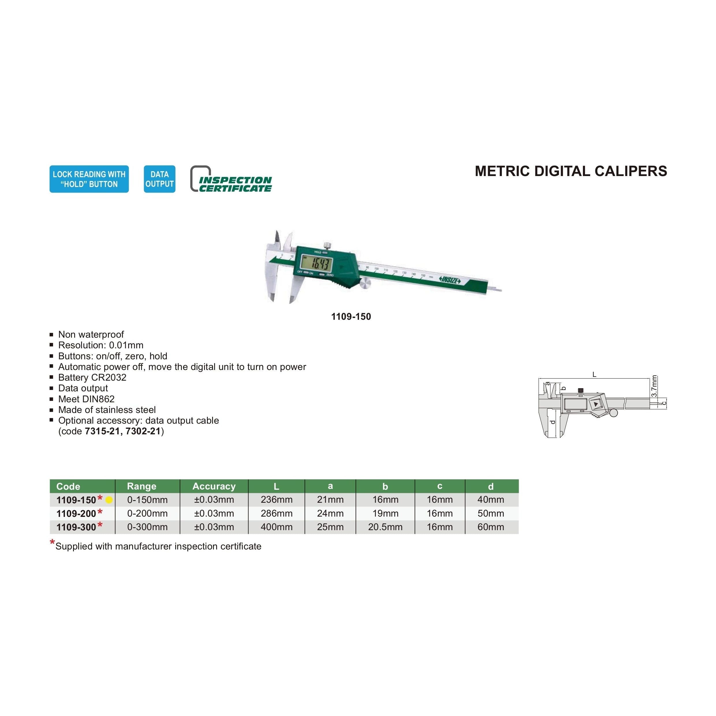 Insize Digital Caliper 0-150mm Range Series 1109-150