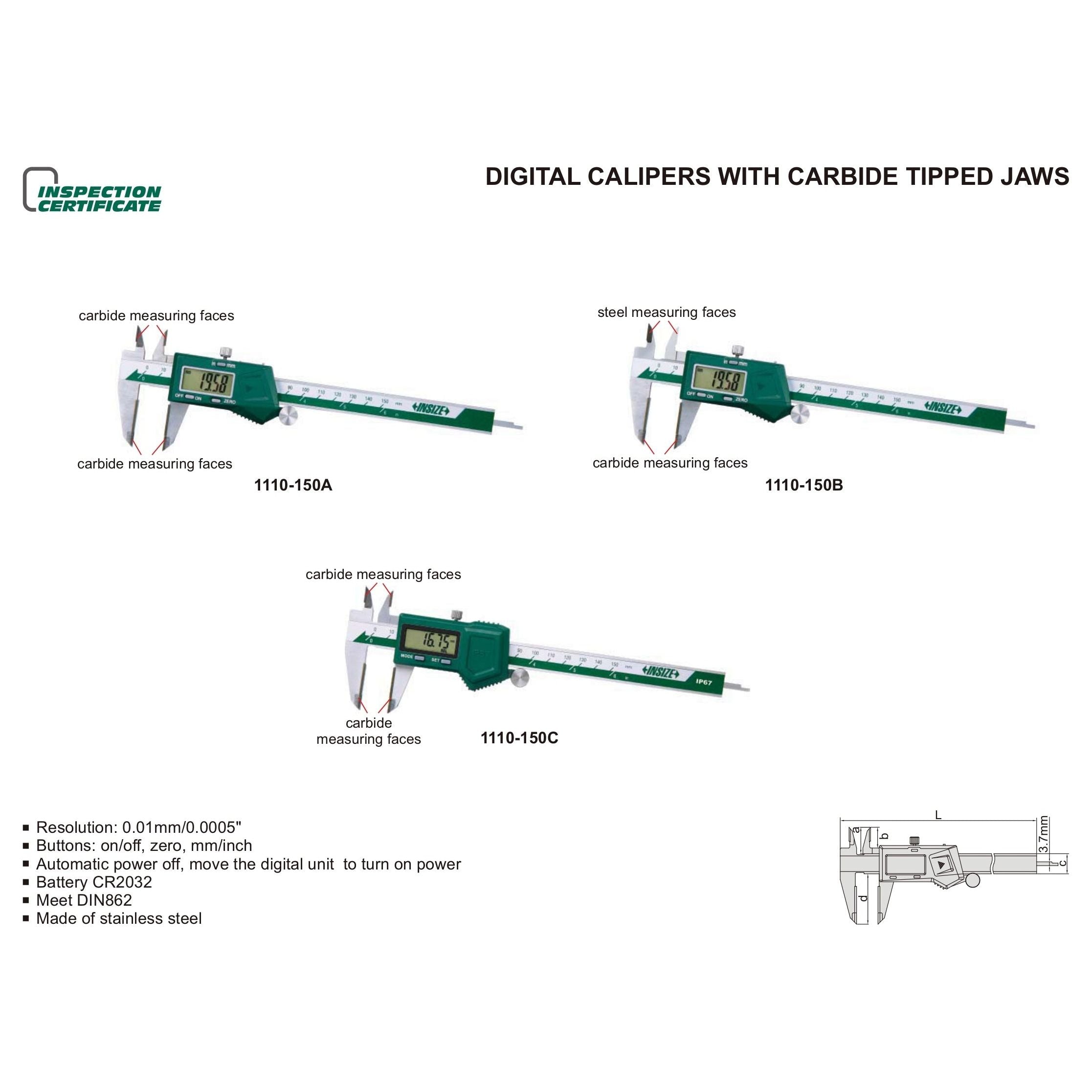 Insize Digital Caliper TCT 0-300mm/0-12" Range Series 1110-300A