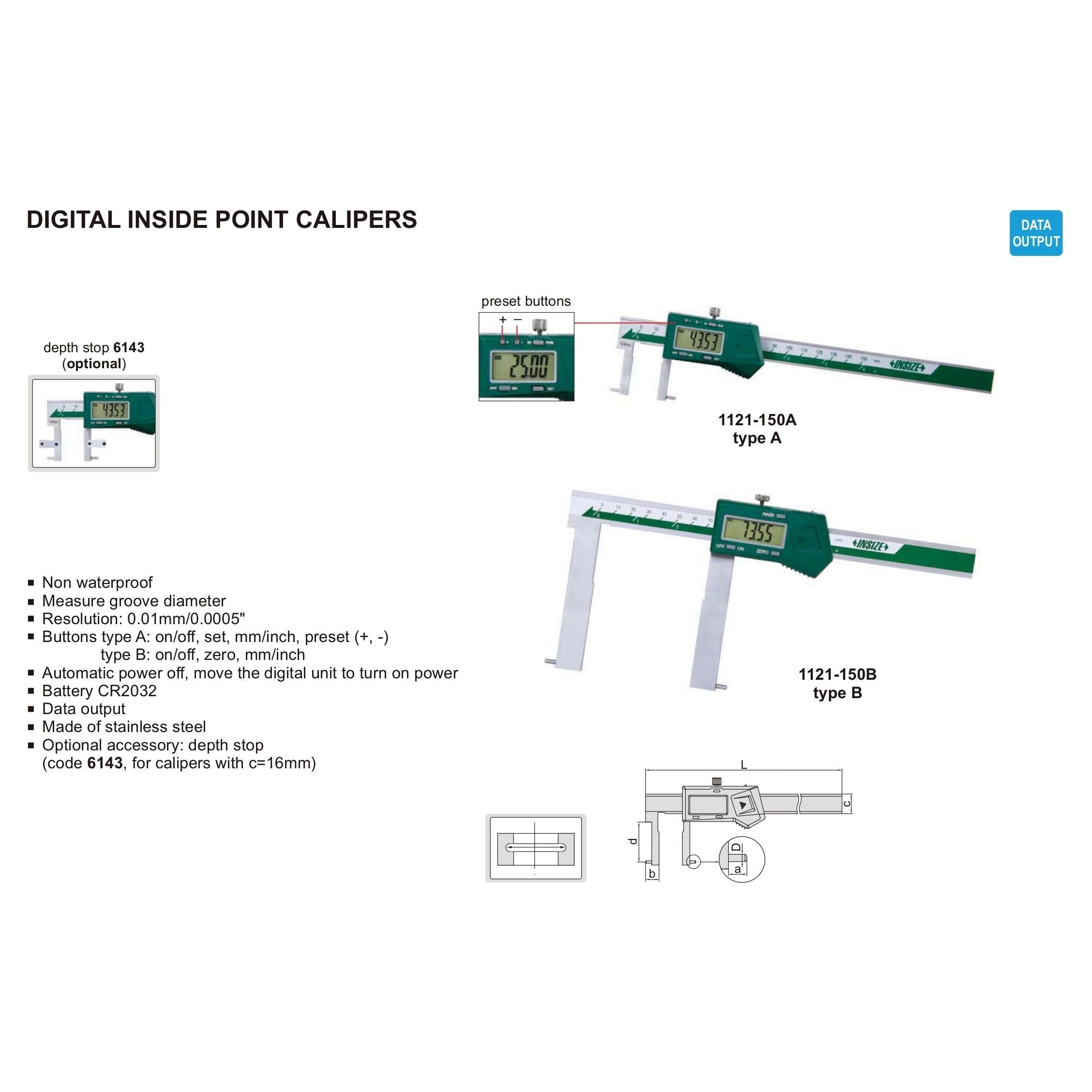 Insize Digital Inside Point Caliper 25-200mm Range Series 1121-200A