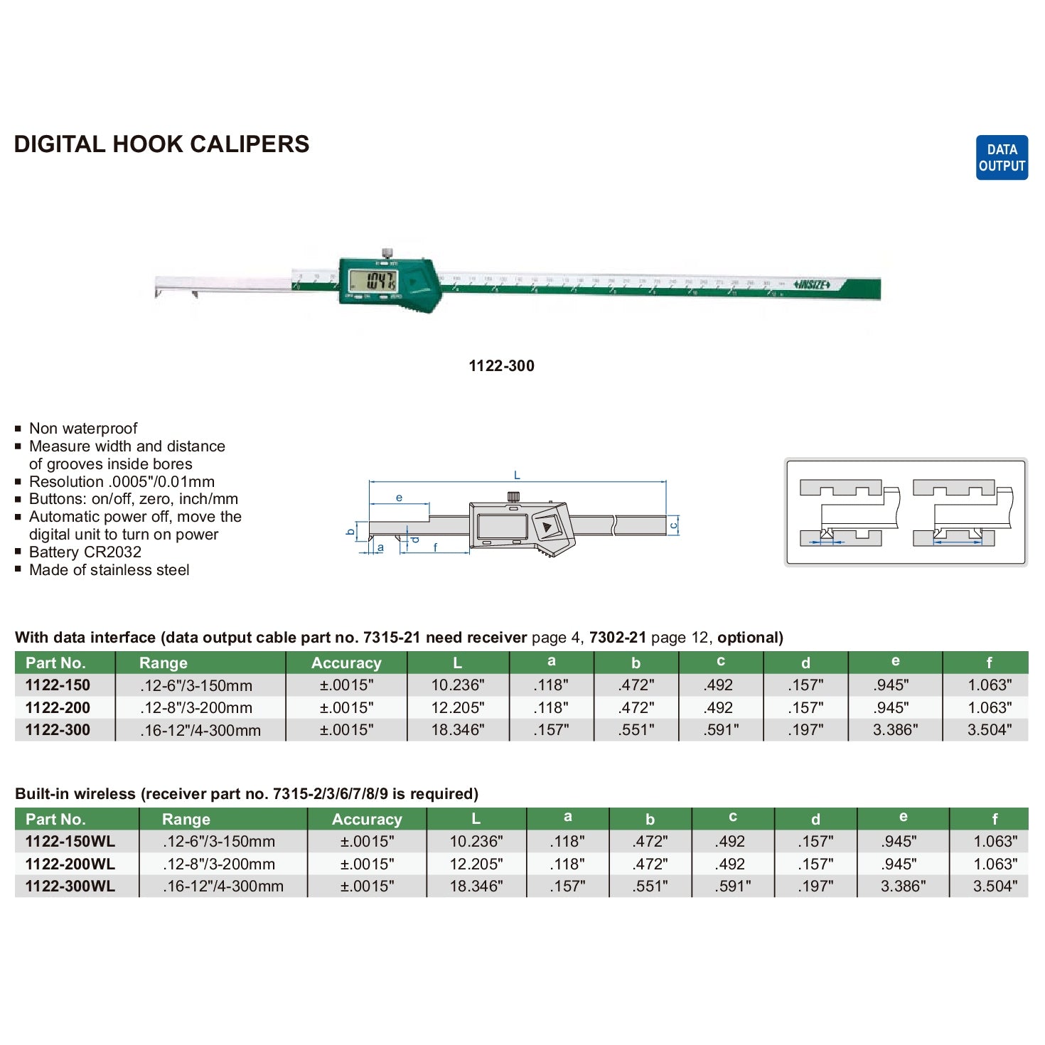 Insize Metric Digital Hook Caliper 0.16-12"/4-300mm Range Series 1122-300