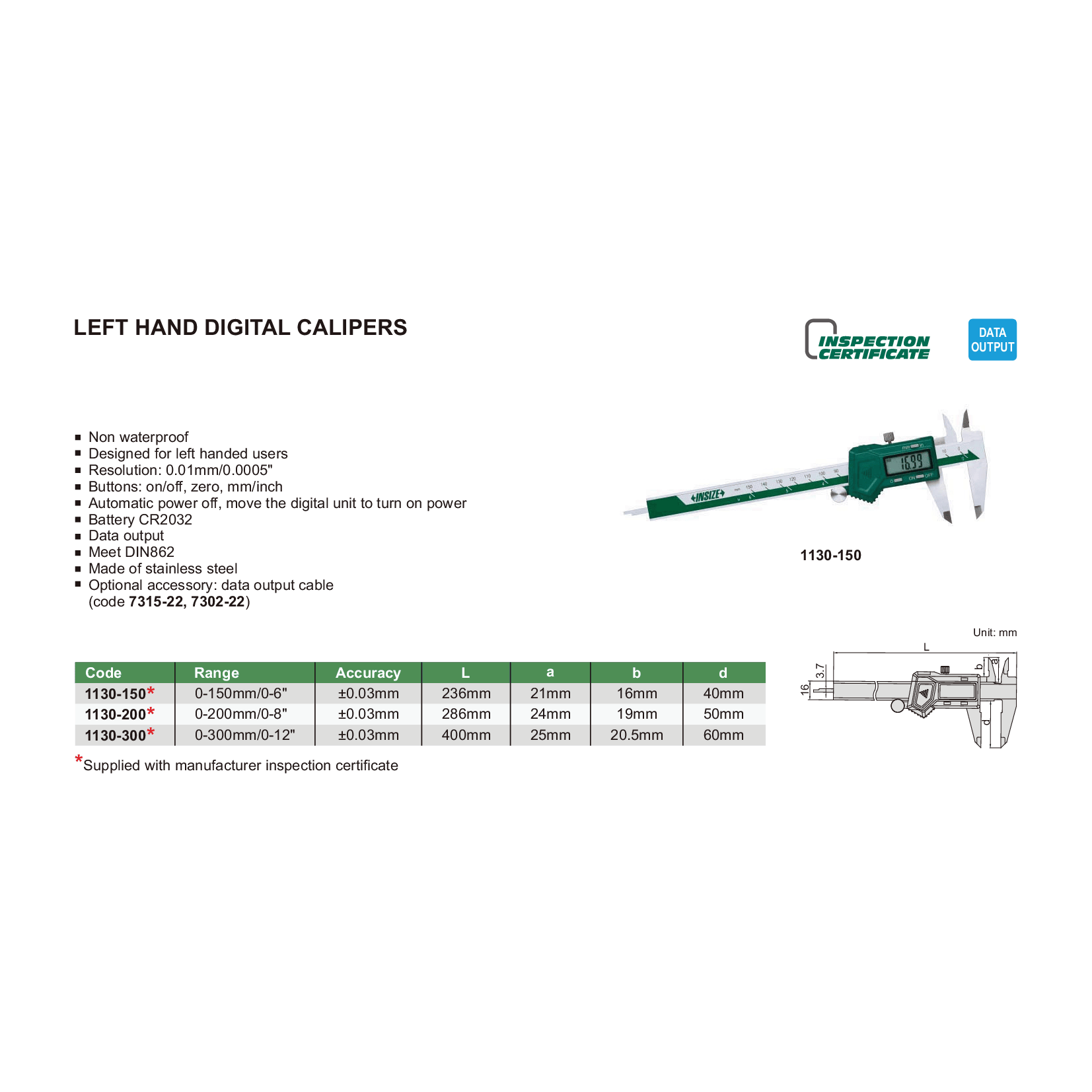 Insize Left Hand Digital Caliper 0-300mm/0-12" Range Series 1130-300