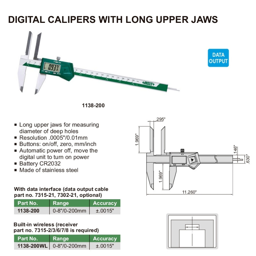 Insize Long Upper Jaws Digital Caliper 0-8"/0-200mm Range Series 1138-200