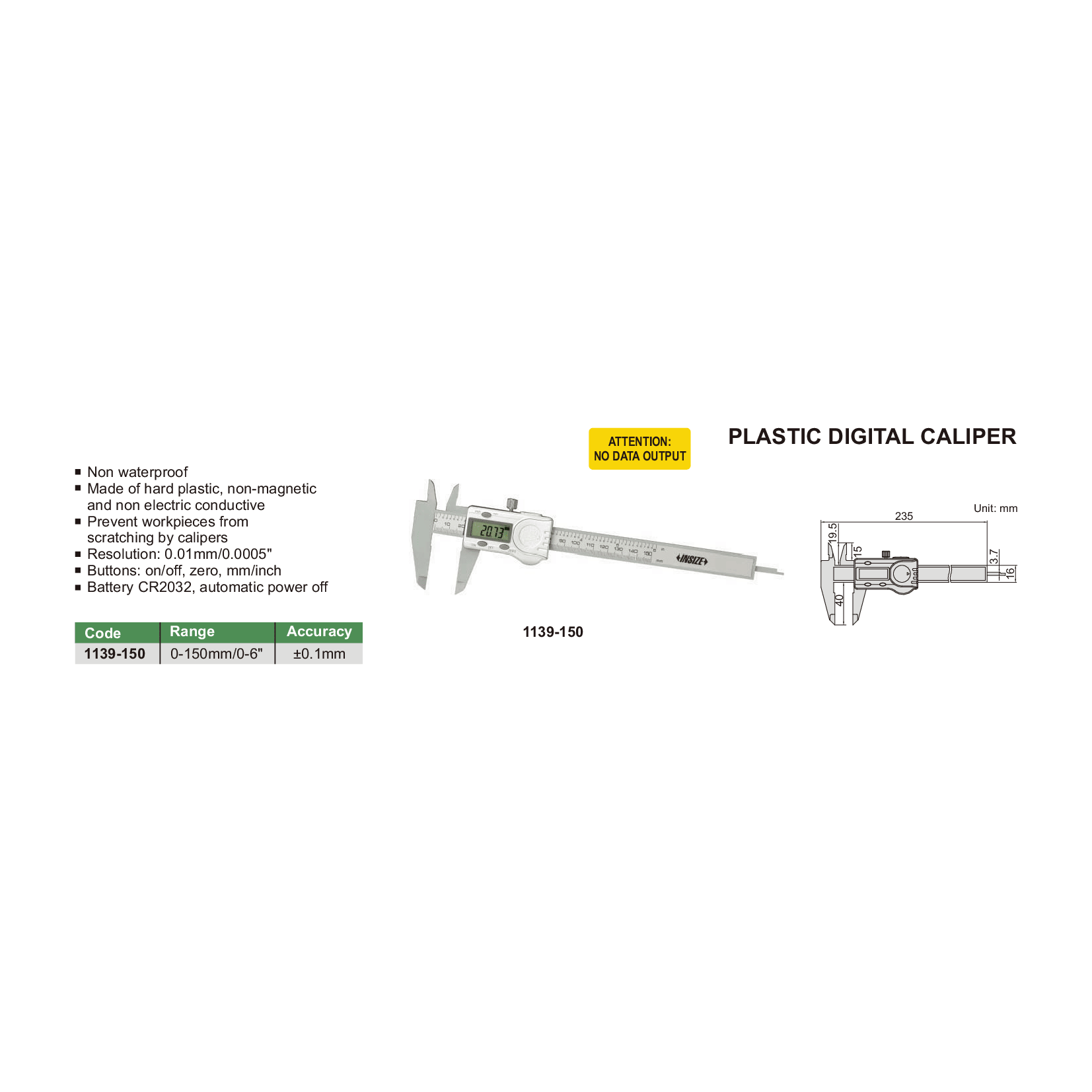 Insize Plastic Digital Caliper 0-150mm/0-6" Range Series 1139-150