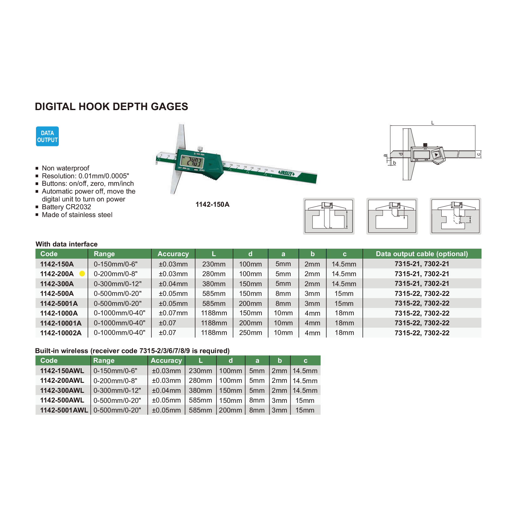 Insize Digital Hook Depth Gauge 0-200mm / 0-8" Range Series 1142-200A