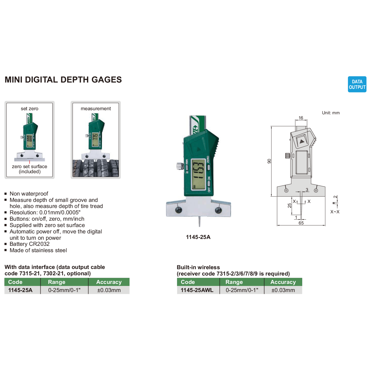 Insize Digital Depth Gauge 0-25mm x 0.01mm Range Series 1145-25A