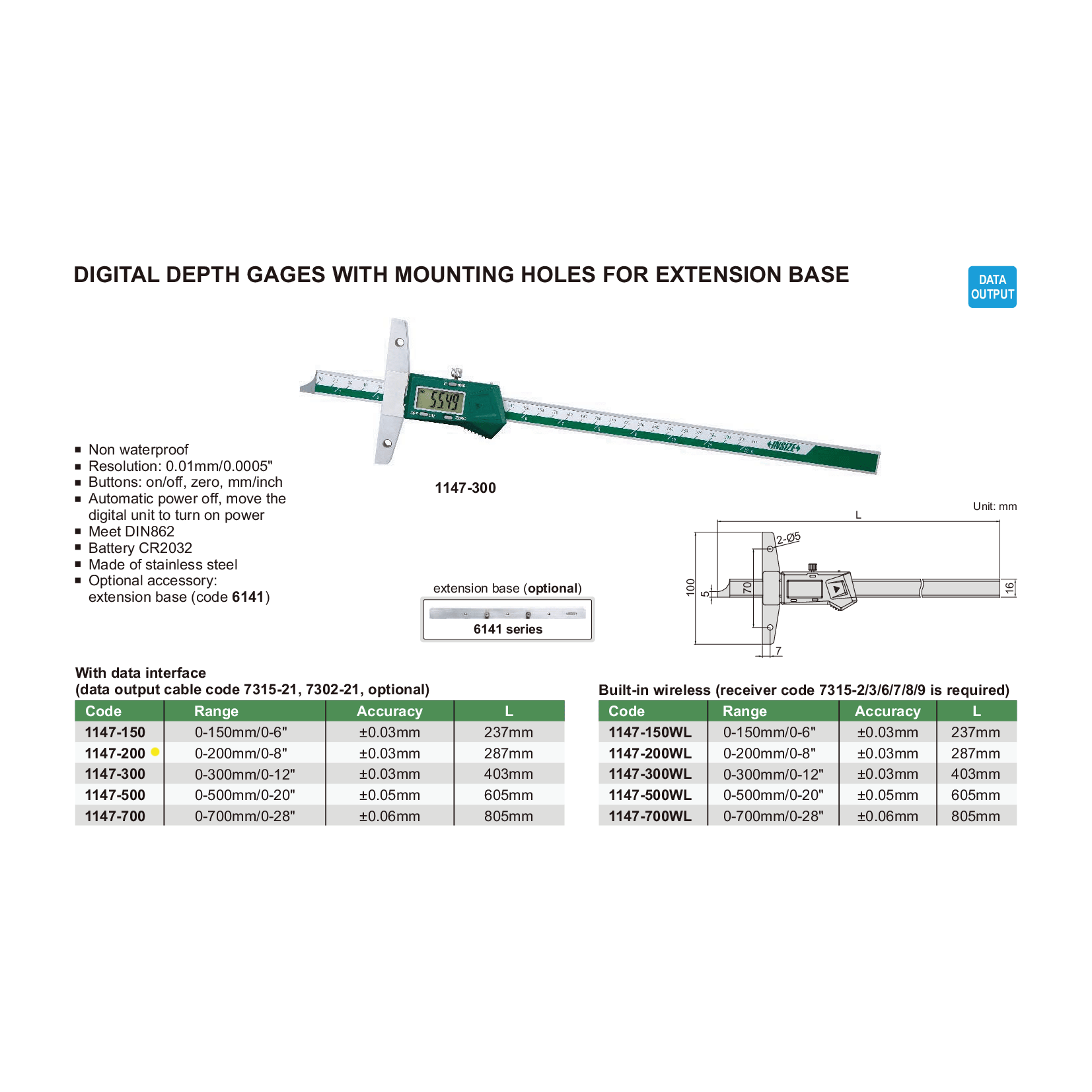 Insize Digital Depth Gauge 0-200mm / 0-8" Range Series 1147-200