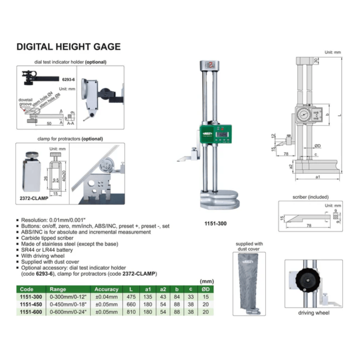 Insize Digital Height Gauge  0-600mm / 0-24" Range Series 1151-600