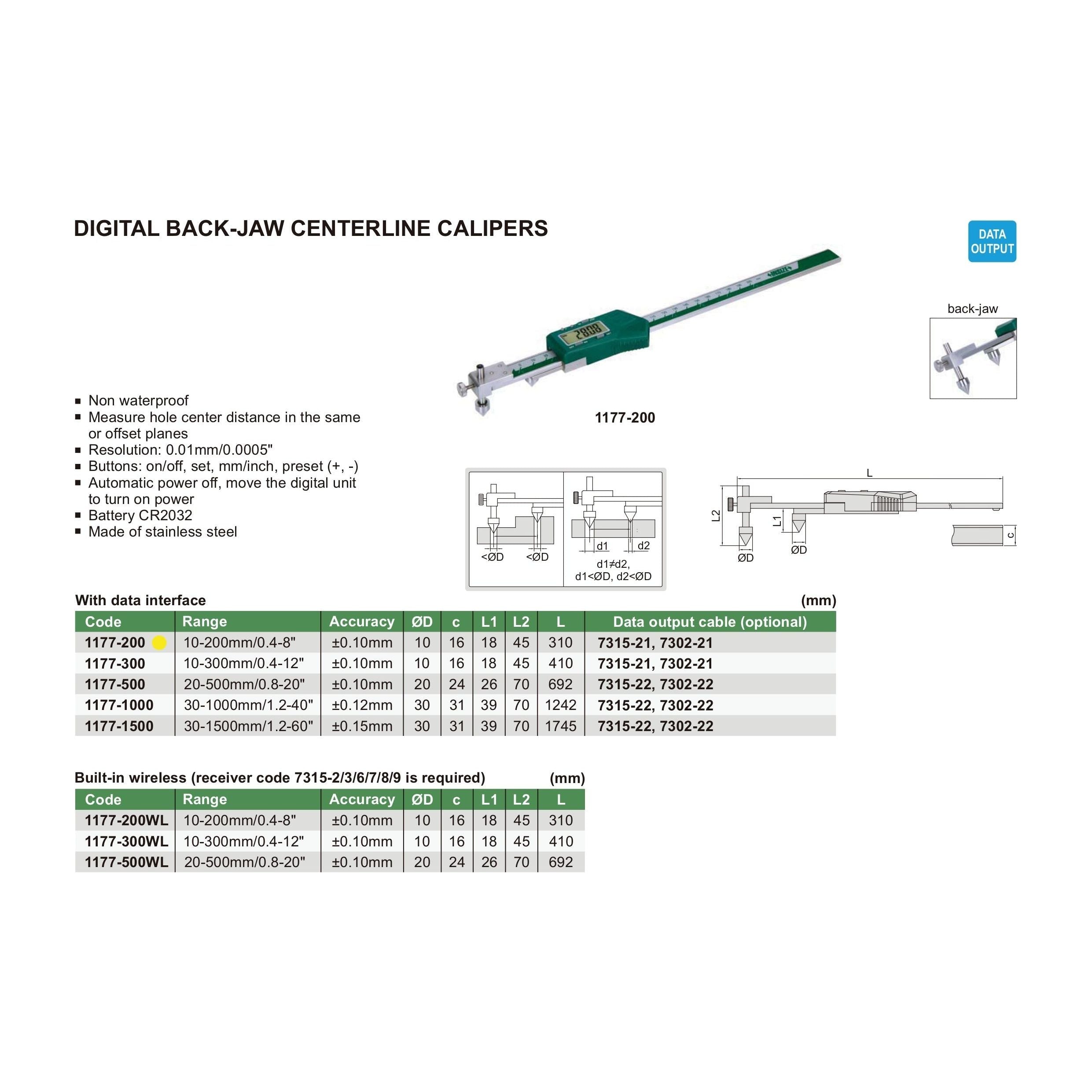 Insize Digital Back-Jaw Caliper 10-200mm/0.4-8" Range Series 1177-200