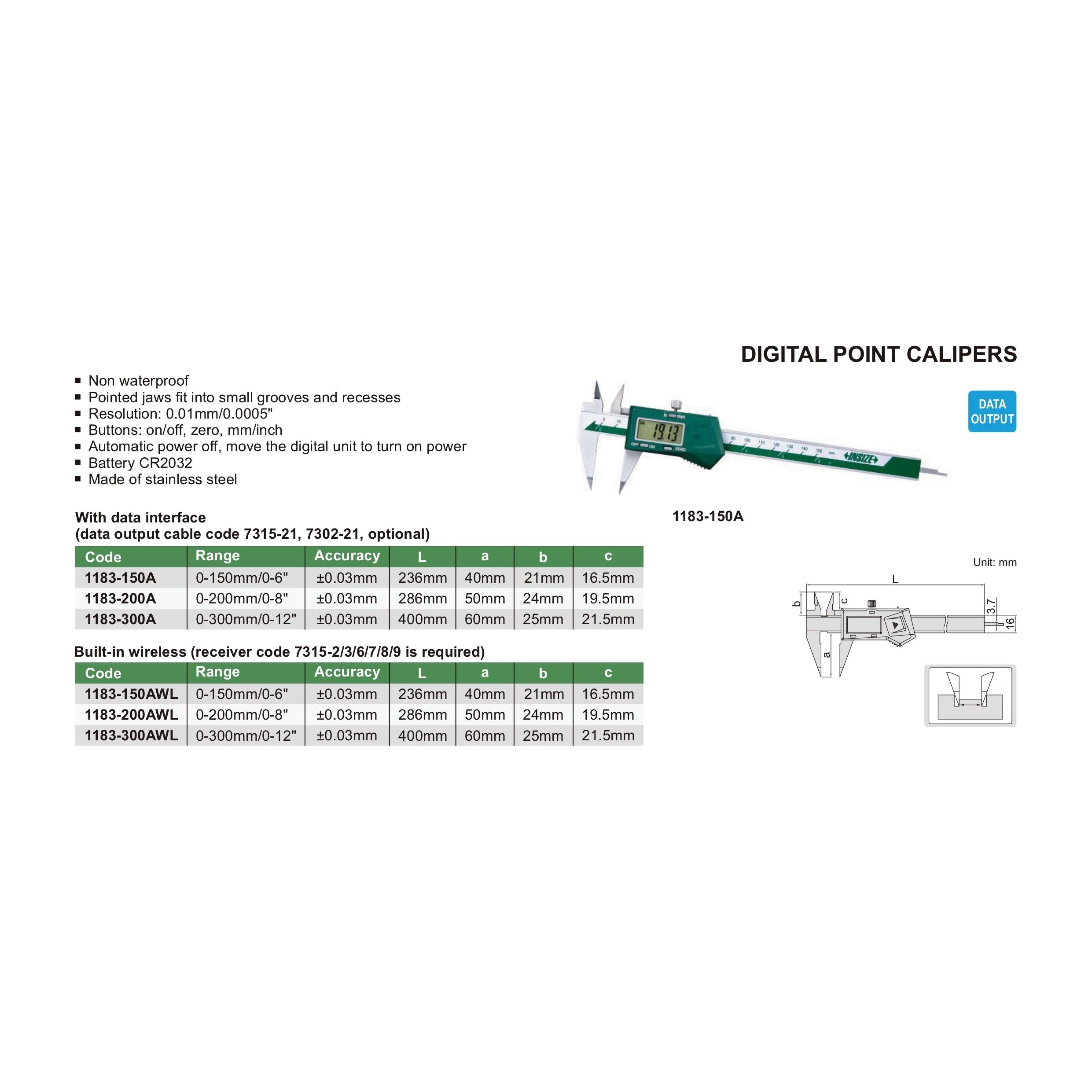 Insize Digital Point Caliper 0-150mm/0-6" Range Series 1183-150A