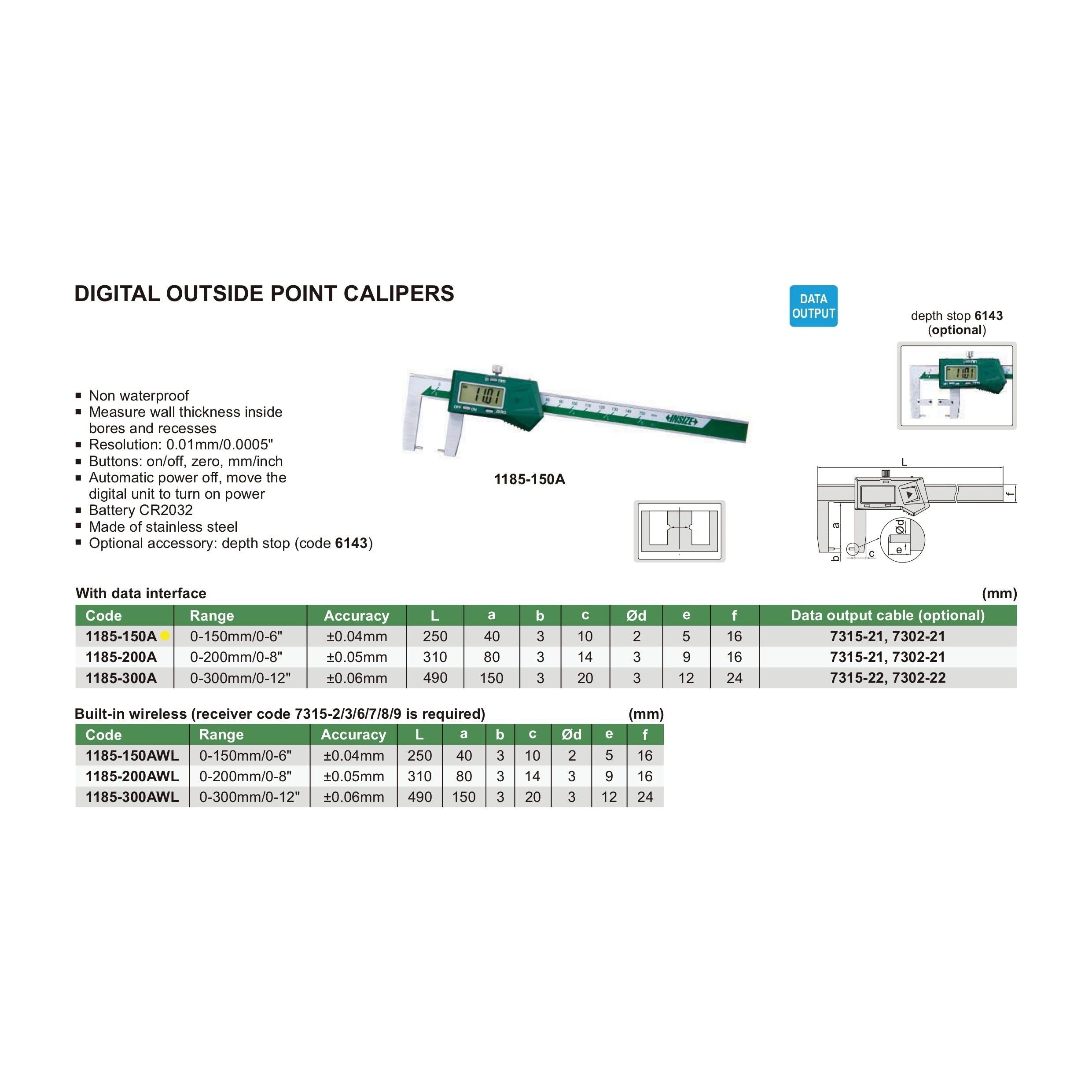 Insize Digital Outside Point Caliper 0-150mm/0-6" Range Series 1185-150A