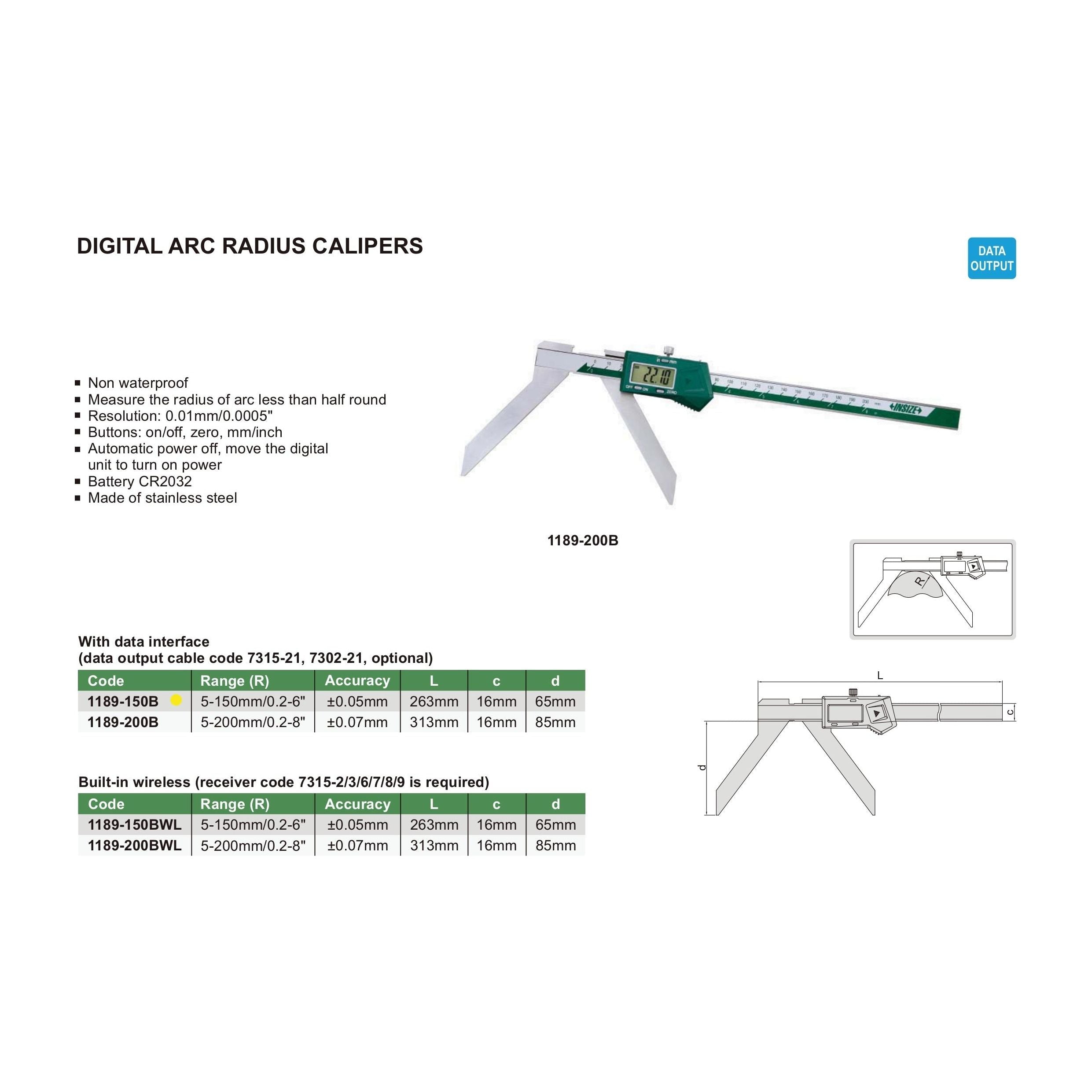 Insize Digital Arc Radius Caliper 5-150mm/0.2-6" Range Series 1189-150B