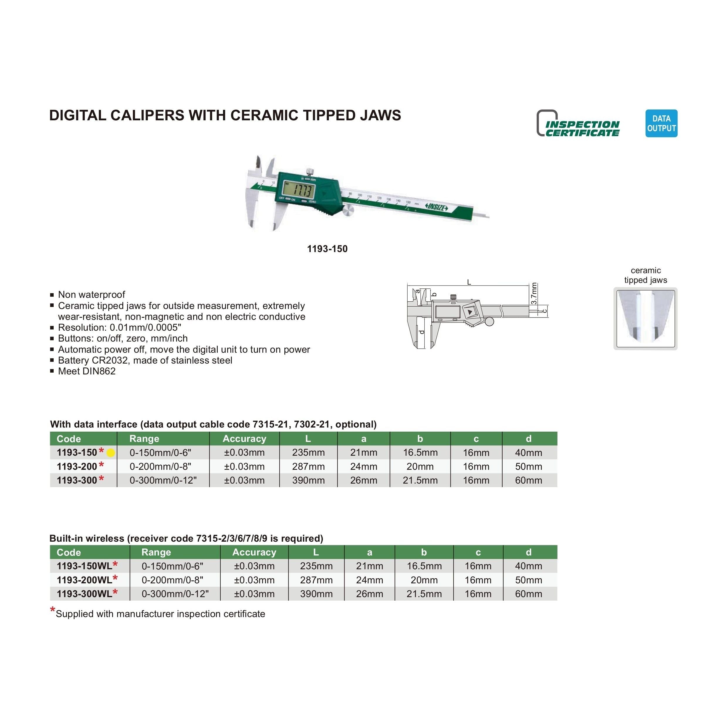 Insize Digital Ceramic Jaw Caliper 0-150mm x 0.01mm Range Series 1193-150