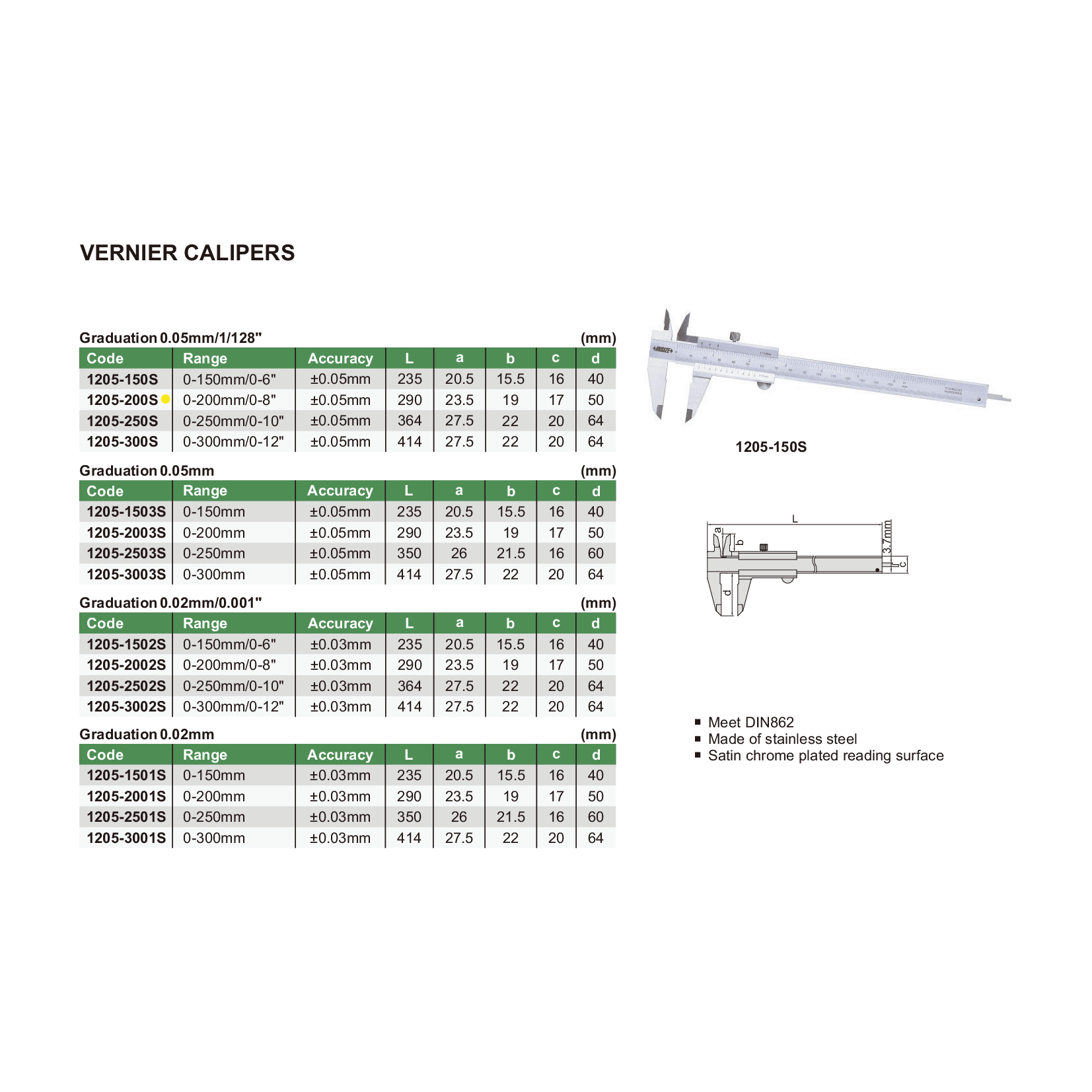 Insize Vernier Caliper 0-200mm/0-8" Range Series 1205-200S