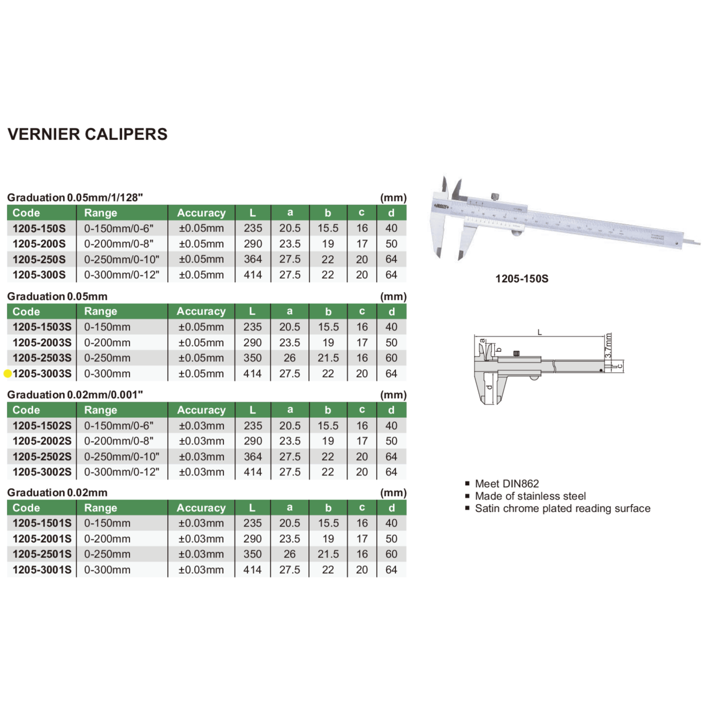 Insize Vernier Caliper 0-300mm Range Series 1205-3003S