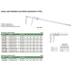 Insize Long Jaw Vernier Caliper 0-500mm/0-20" Range Series 1215-532