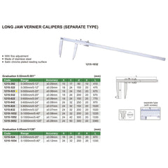 Insize Long Jaw Vernier Caliper 0-500mm/0-20" Range Series 1215-522