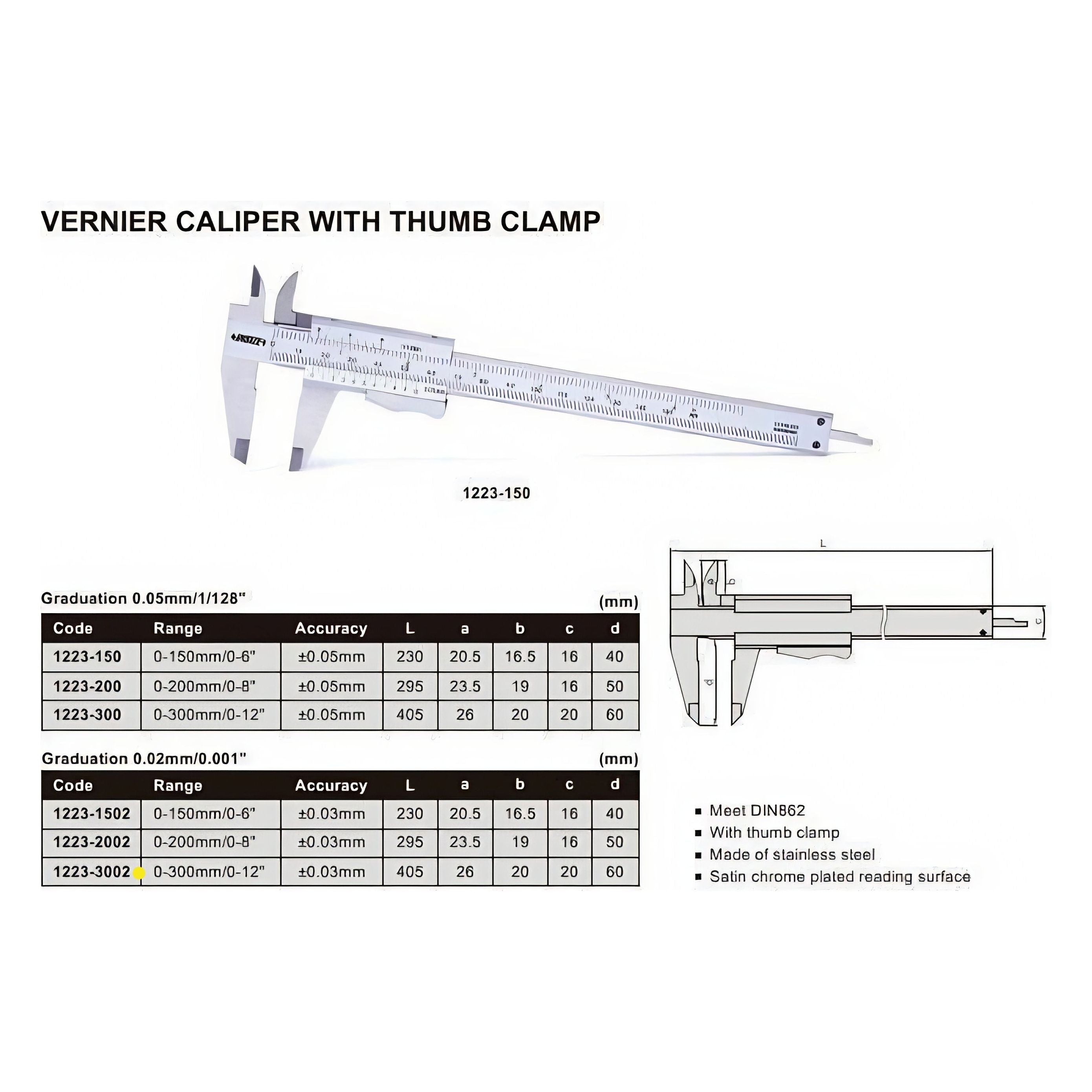 Insize Vernier Caliper 0-300mm x 0.02mm Range Series 1223-3002