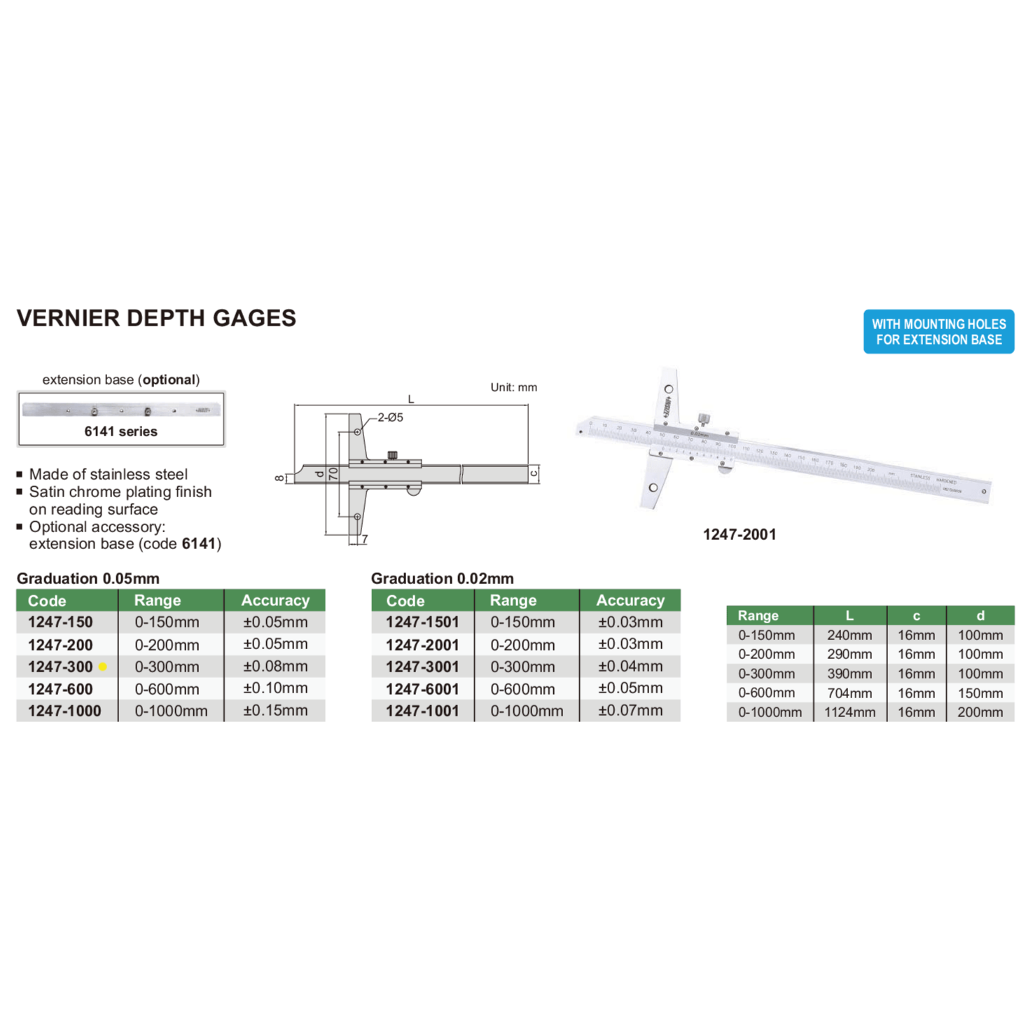 Insize Vernier Depth Gauge 0-300mm Range Series 1247-300