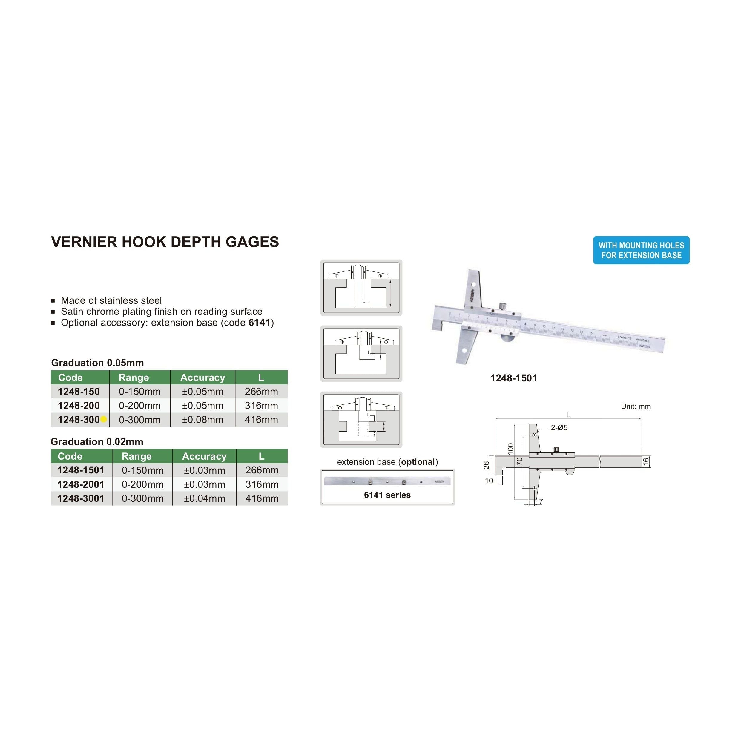 Insize Vernier Hook Depth Gauge 0-300mm Range Series 1248-300