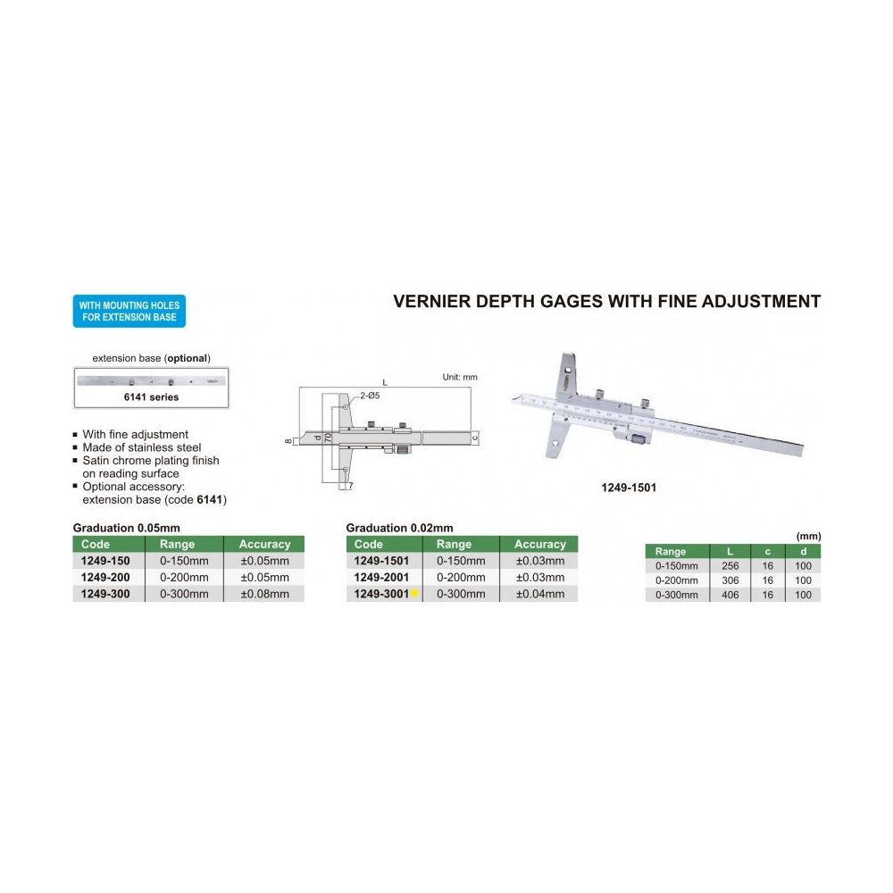 Insize Vernier Depth Gauge 0-300mm Range Series 1249-3001