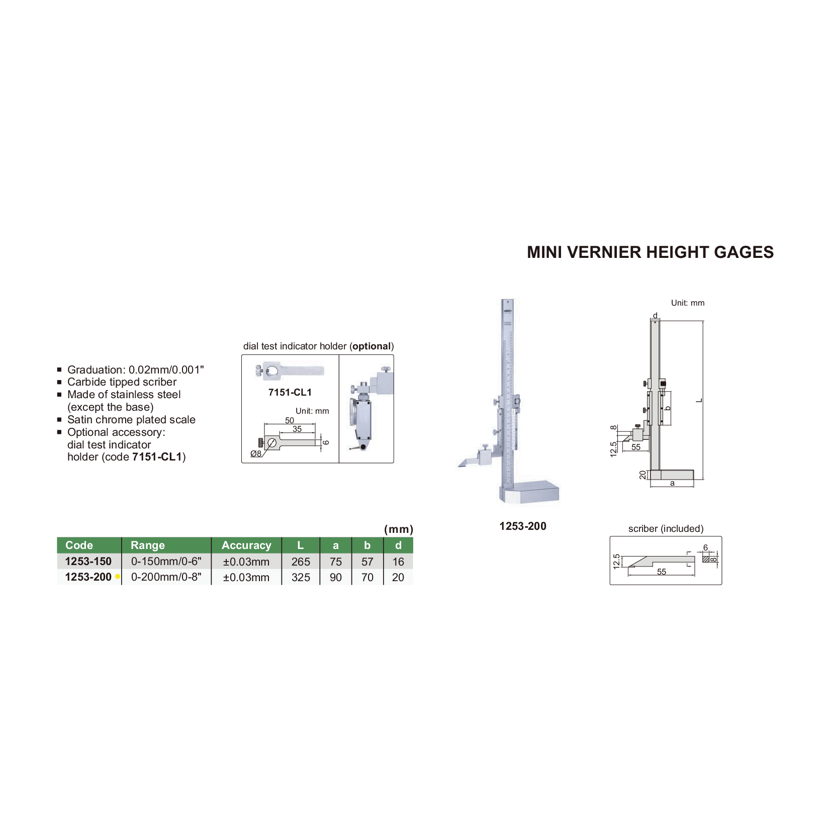 Insize Mini Vernier Height Gauge 0-200mm / 0-8" Range Series 1253-200