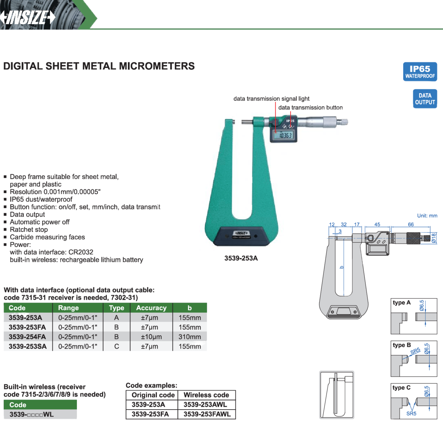 Insize Digital Sheet Metal Micrometer 0–25 mm / 0–1" Series 3539-253FA