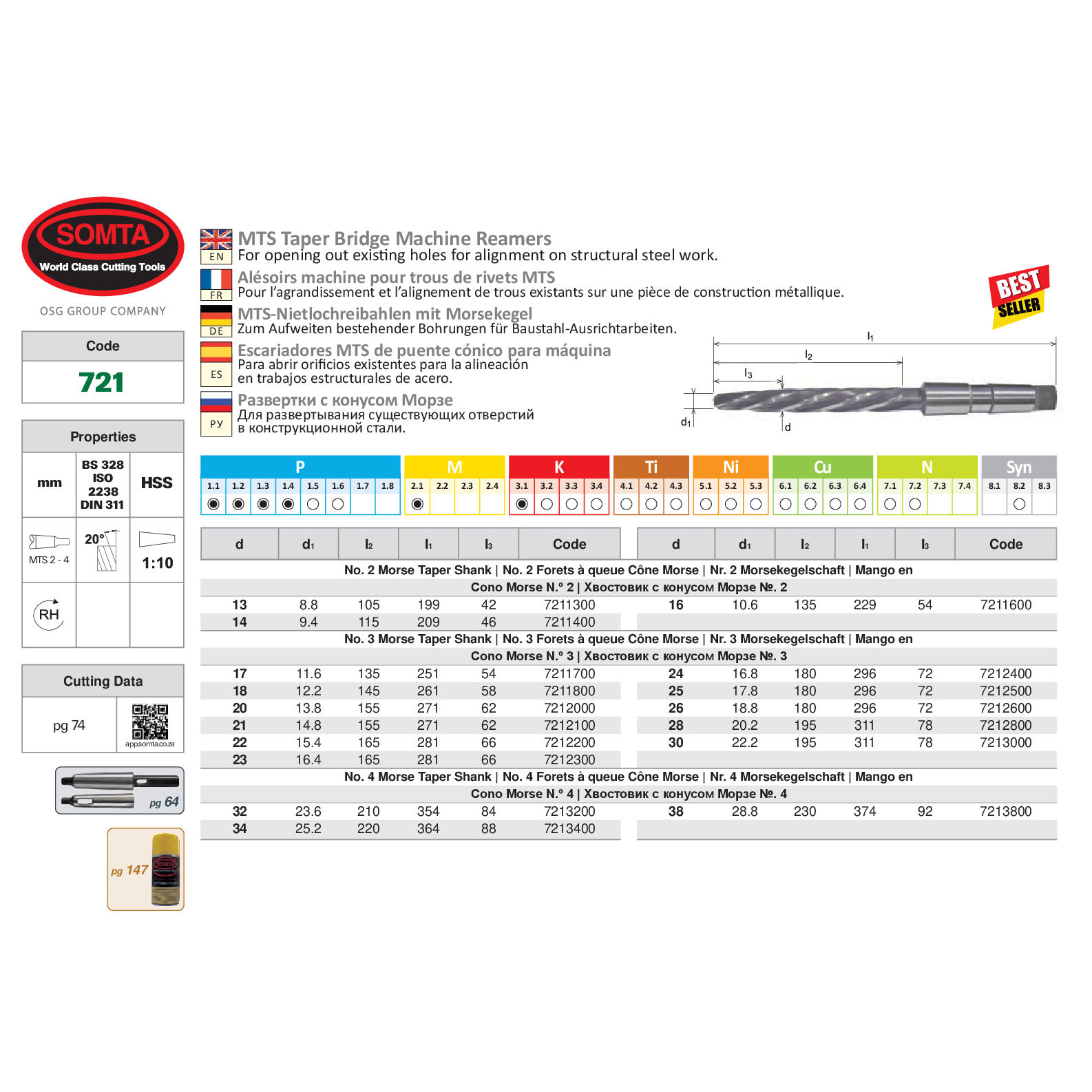 Somta Series 721 – 24mm HSS Taper Bridge Reamer MT3
