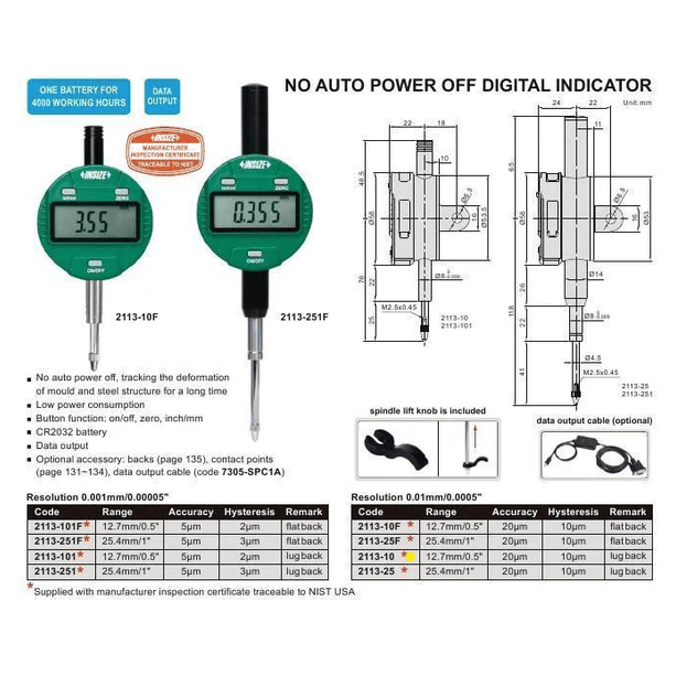 Insize Digital Indicator 12.7mm/0.5" Range Series 2113-10