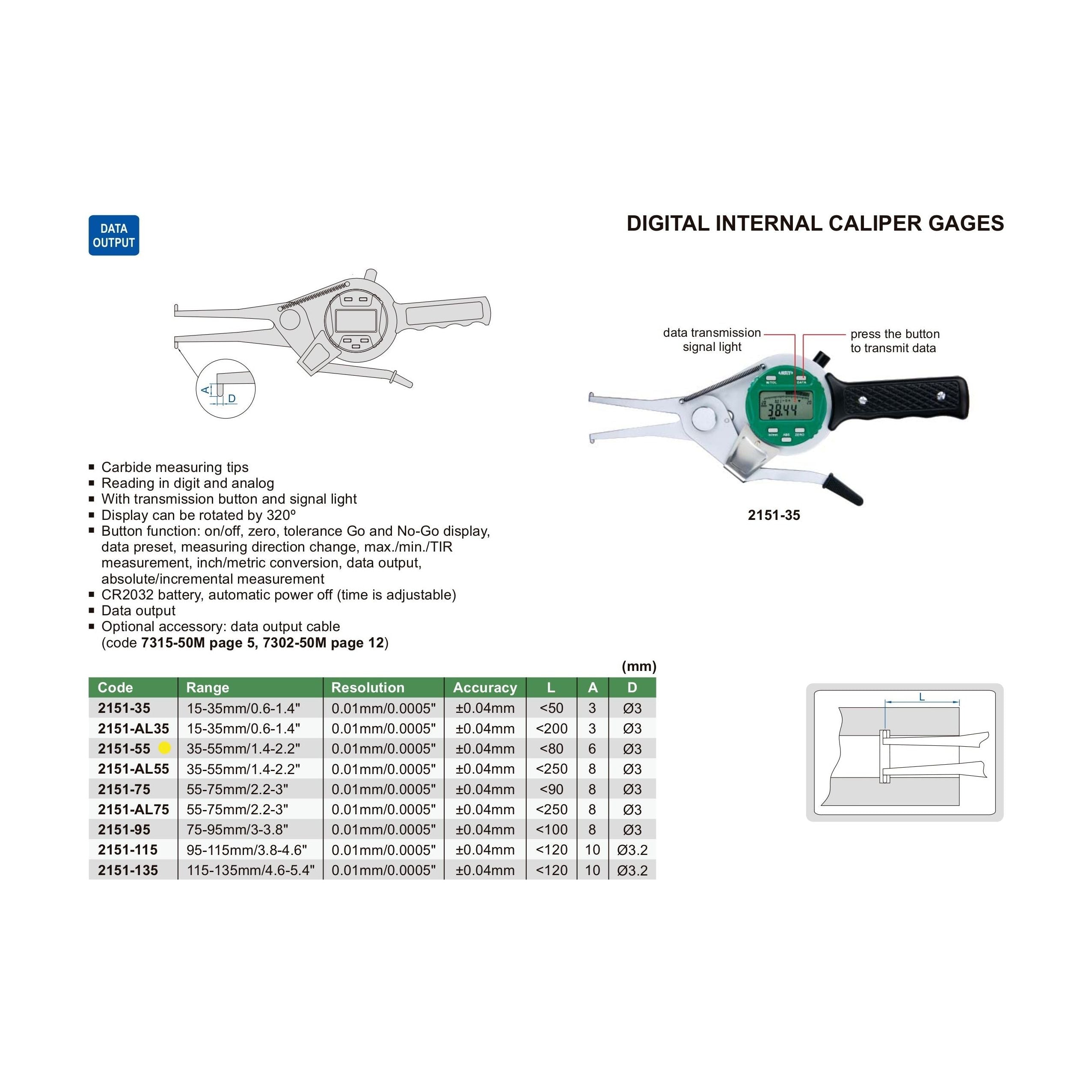 Insize Digital Internal Caliper Gauge 35-55mm/1.4-2.2" Range Series 2151-55