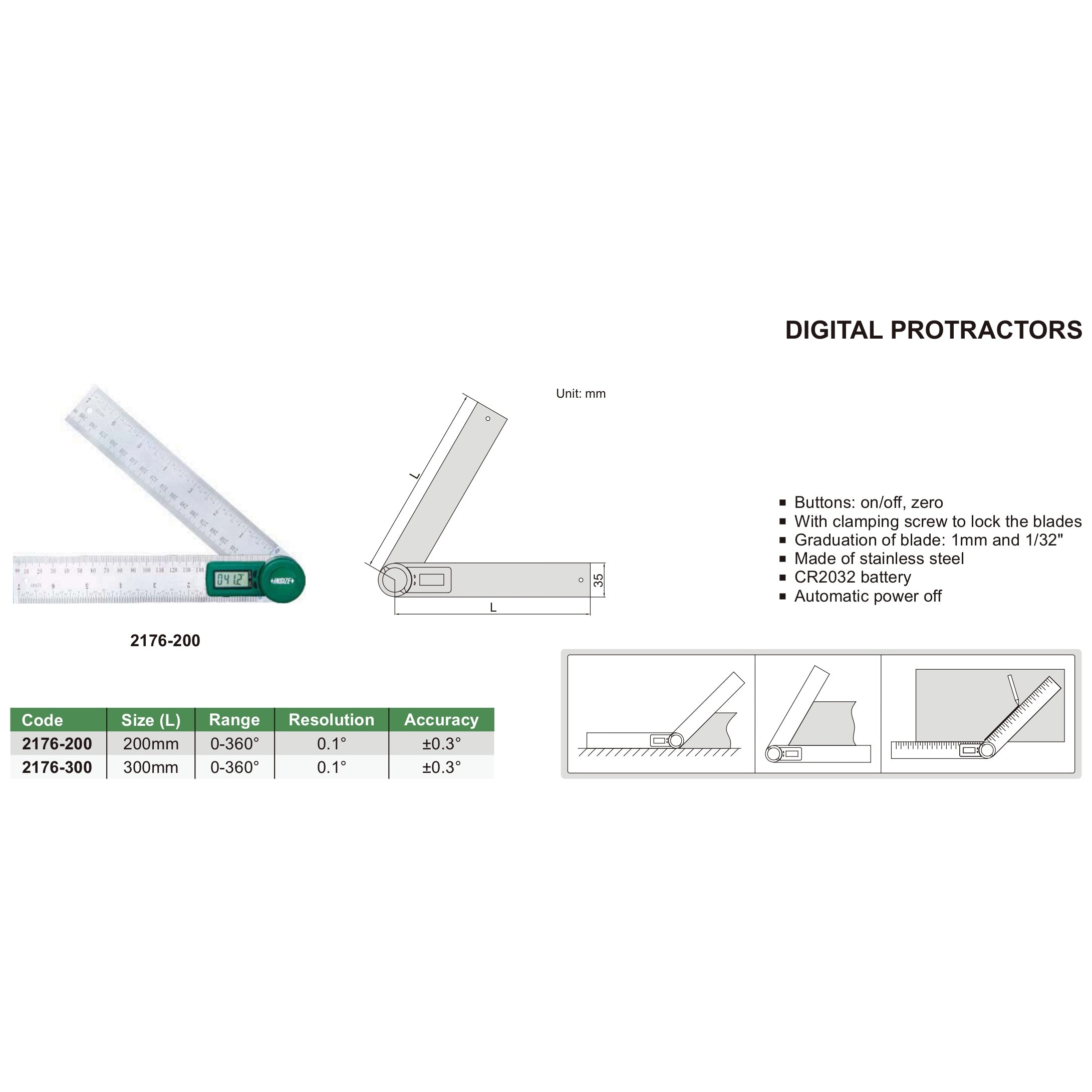 Insize Digital Protractor 200mm 0-360° Range Series 2176-200