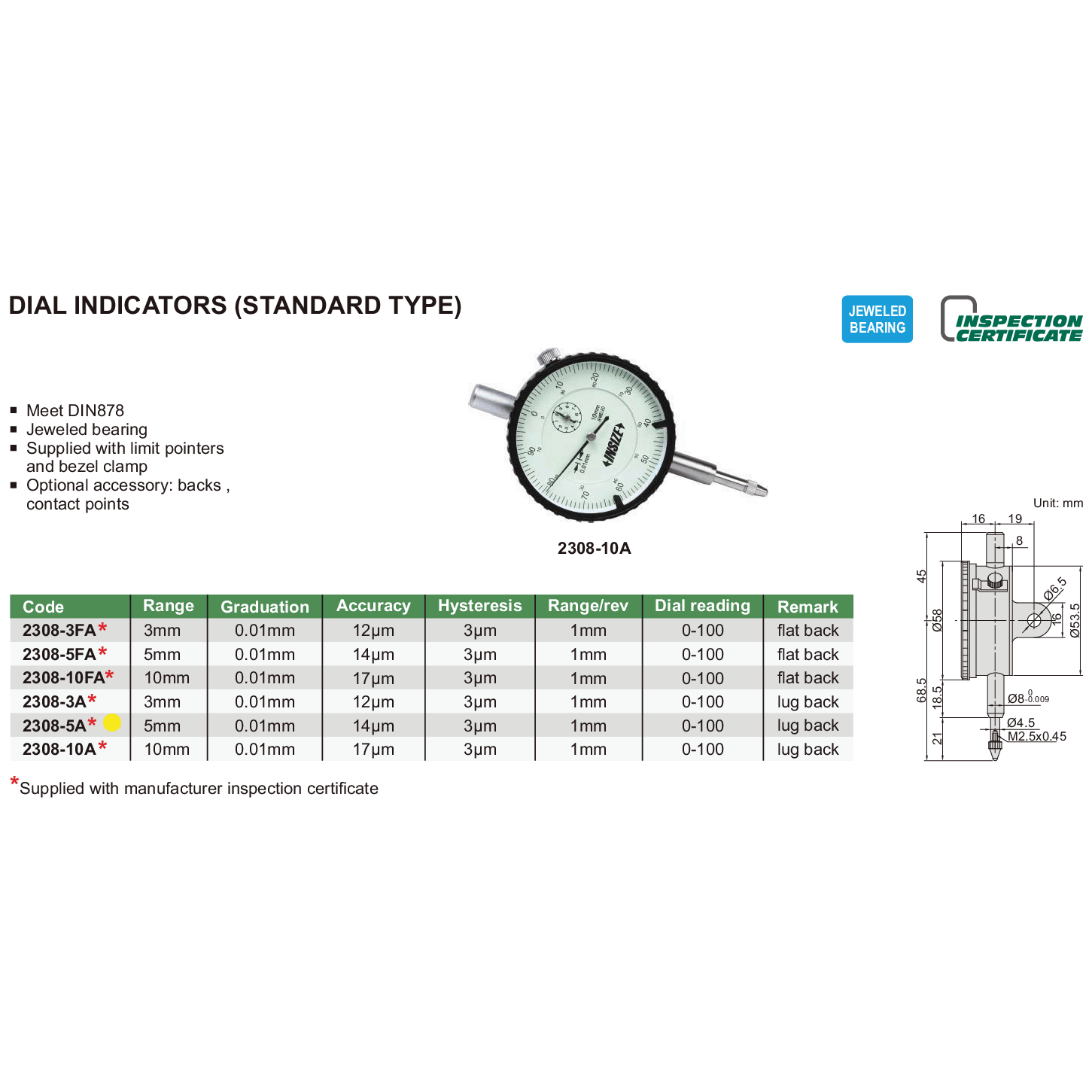 Insize Metric Lug Back Dial Indicator 5mm Range Series 2308-5A