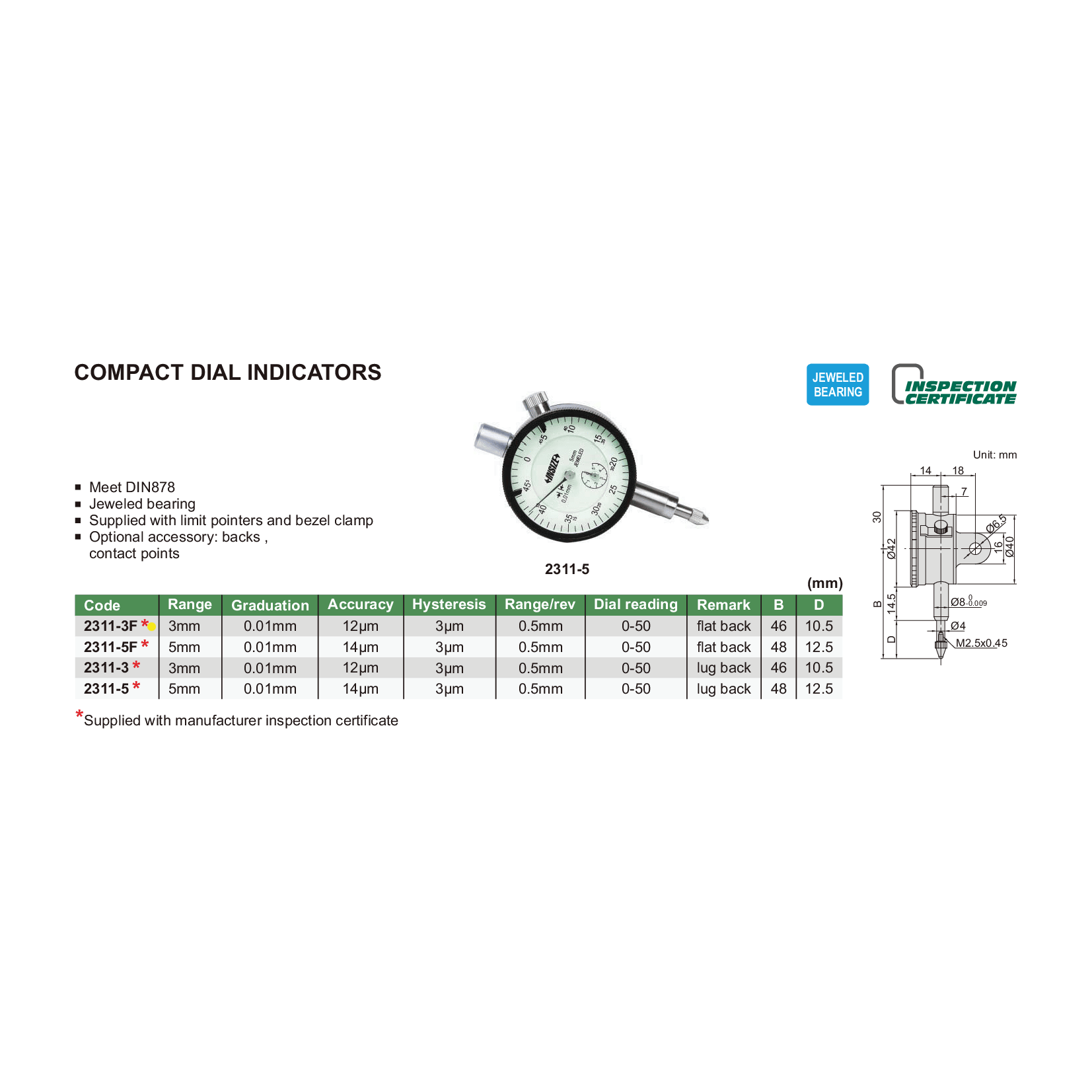 Insize Metric Compact Dial Indicator 5mm Range Series 2311-5F