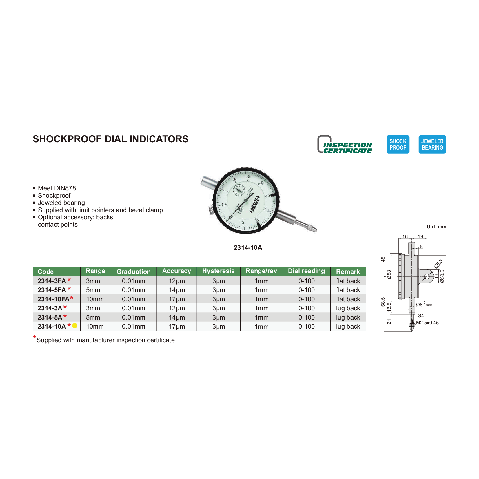 Insize Shockproof Dial Indicator 10mm Range Series 2314-10A