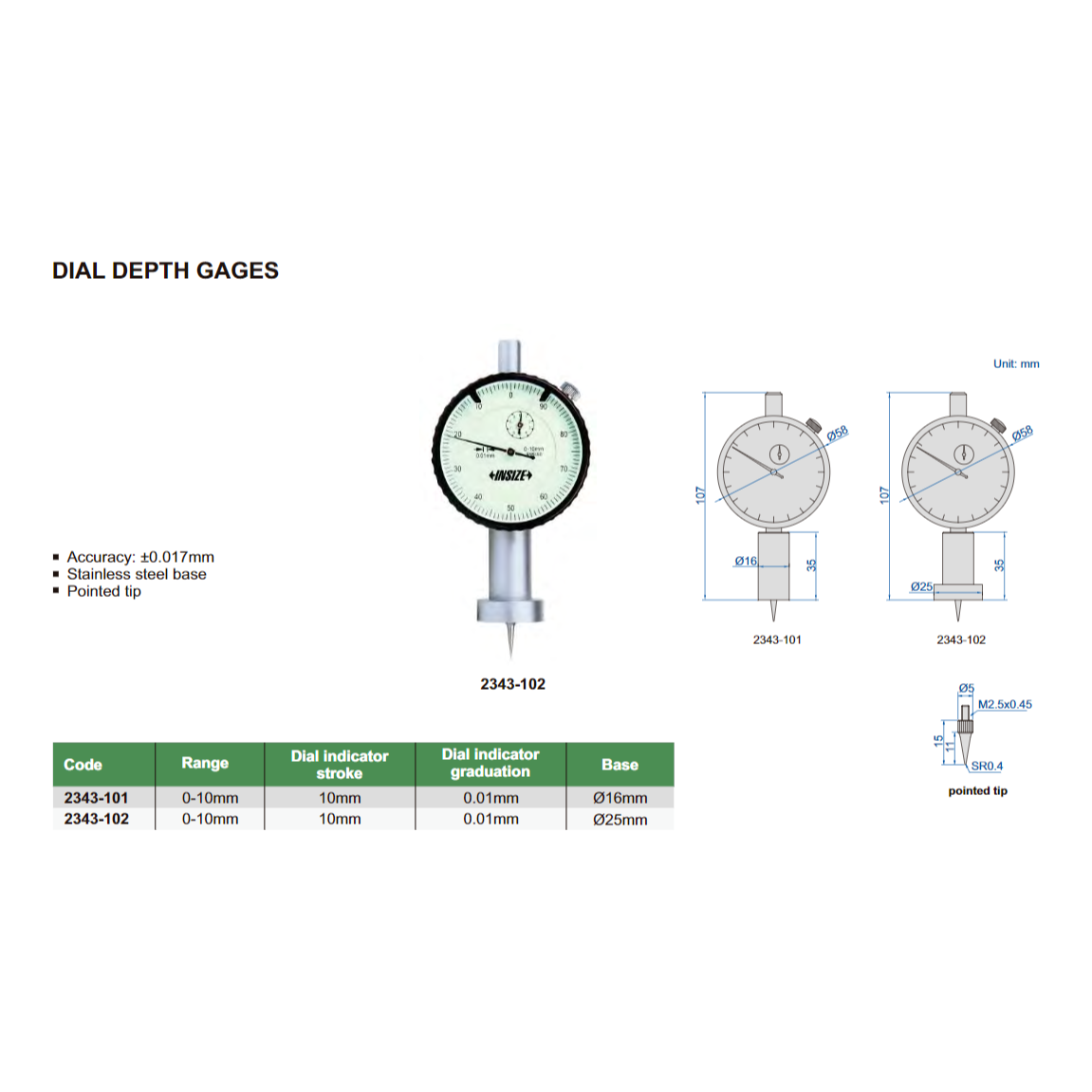 Insize Dial Depth Gauge 0-10mm x 0.01mm Range Series 2343-102