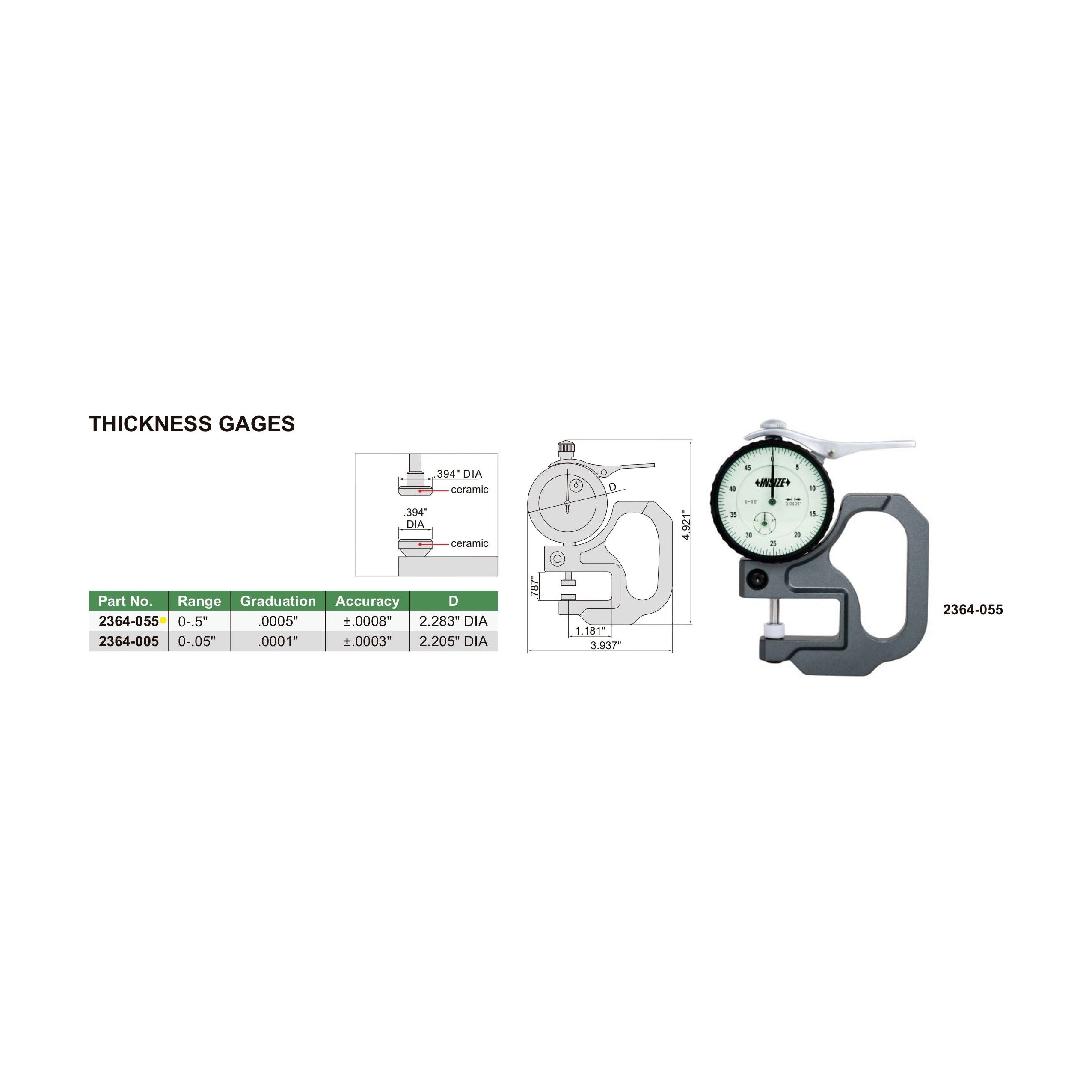 Insize Thickness Gauge 0-0.5" x 0.0005" Range Series 2364-055