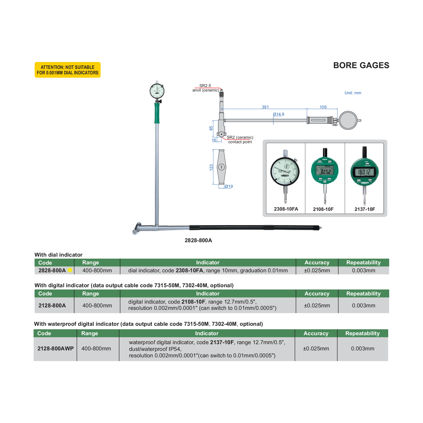 Insize Bore Gauge 400-800mm x 0.01mm Range Series 2828-800A