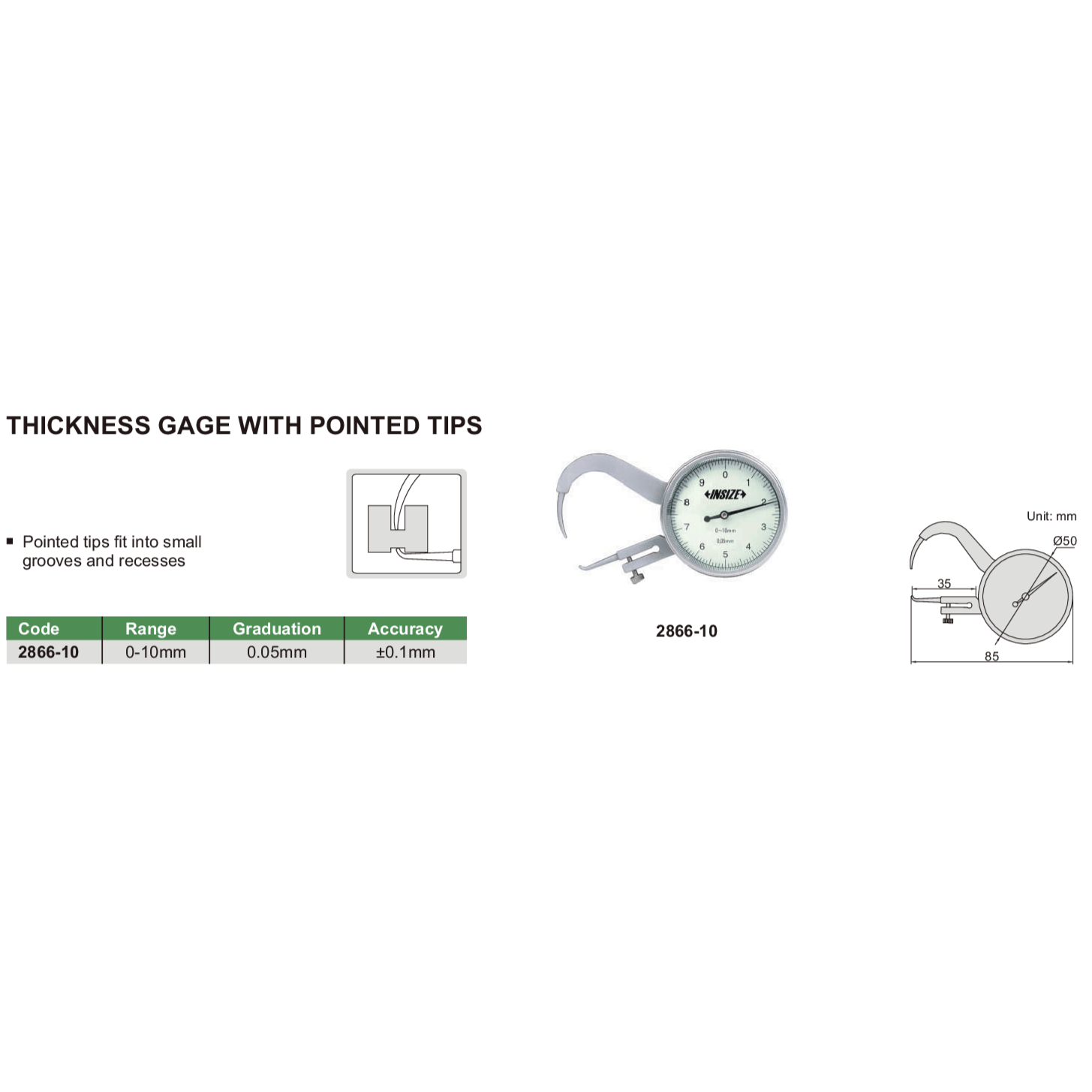 Insize Thickness Gauge 0-10mm x 0.05mm Range Series 2866-10