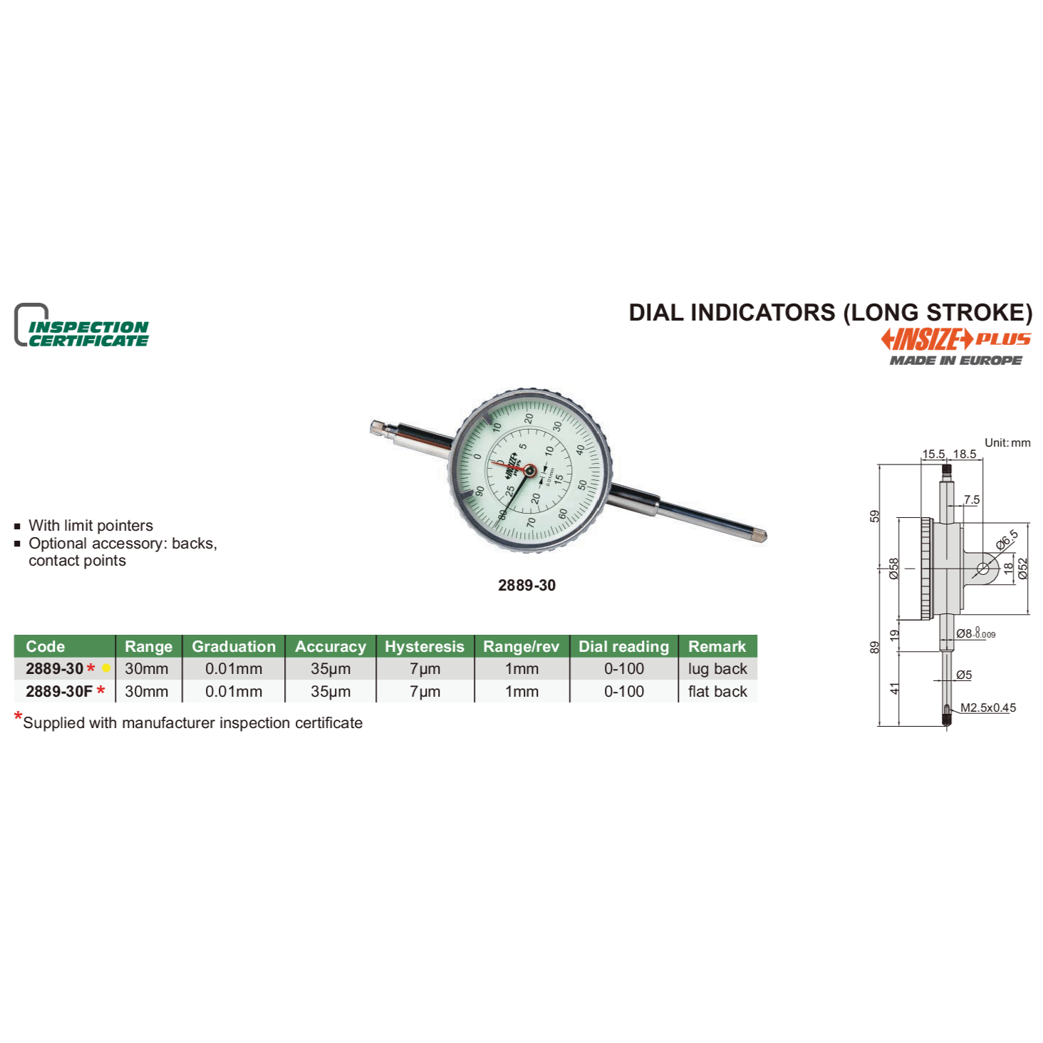 Insize Long Stroke Dial Indicator 30mm Range Series 2889-30