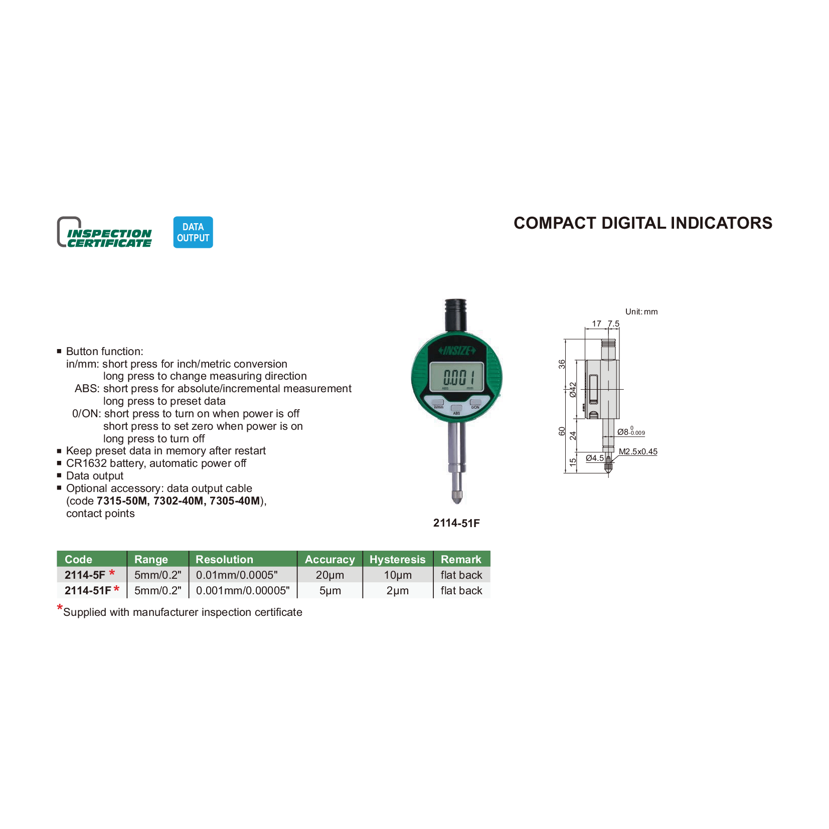 Insize Compact Digital Indicator 5 mm Series 2114-5F