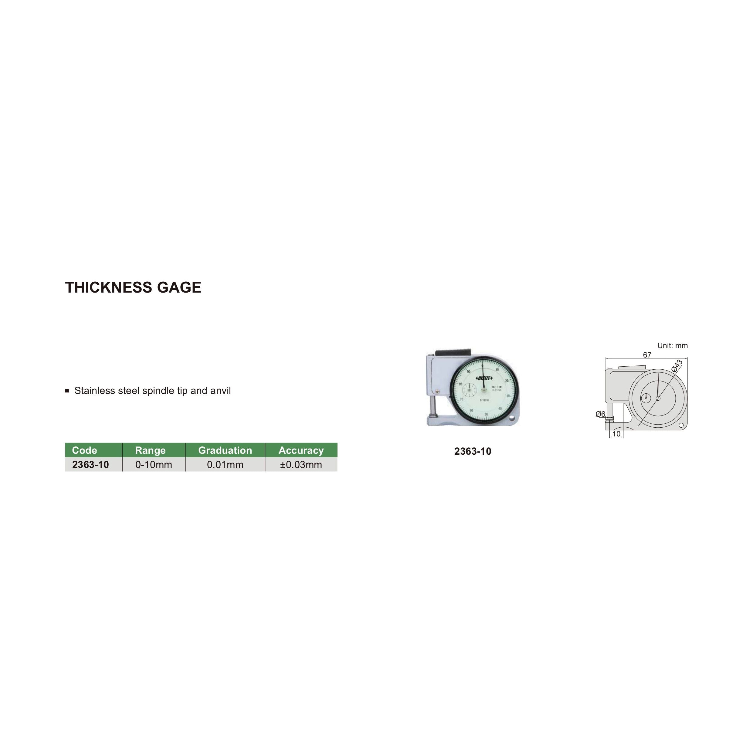 Insize Thickness Gauge 0-10mm x 0.01mm Range Series 2363-10