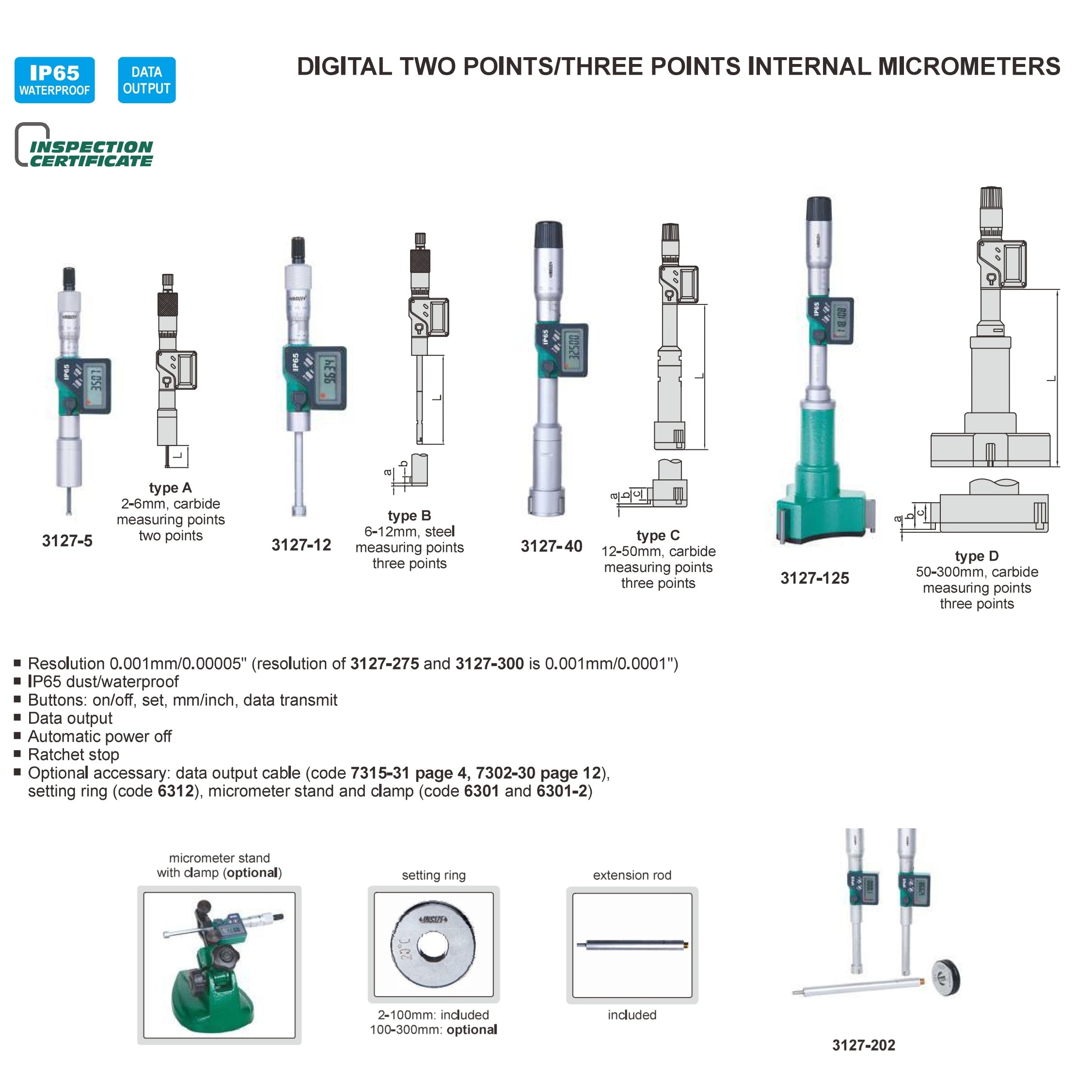 Insize Digital Two Points/ Three Points Internal Micrometer Set 50-100mm Range Series 3127-1004