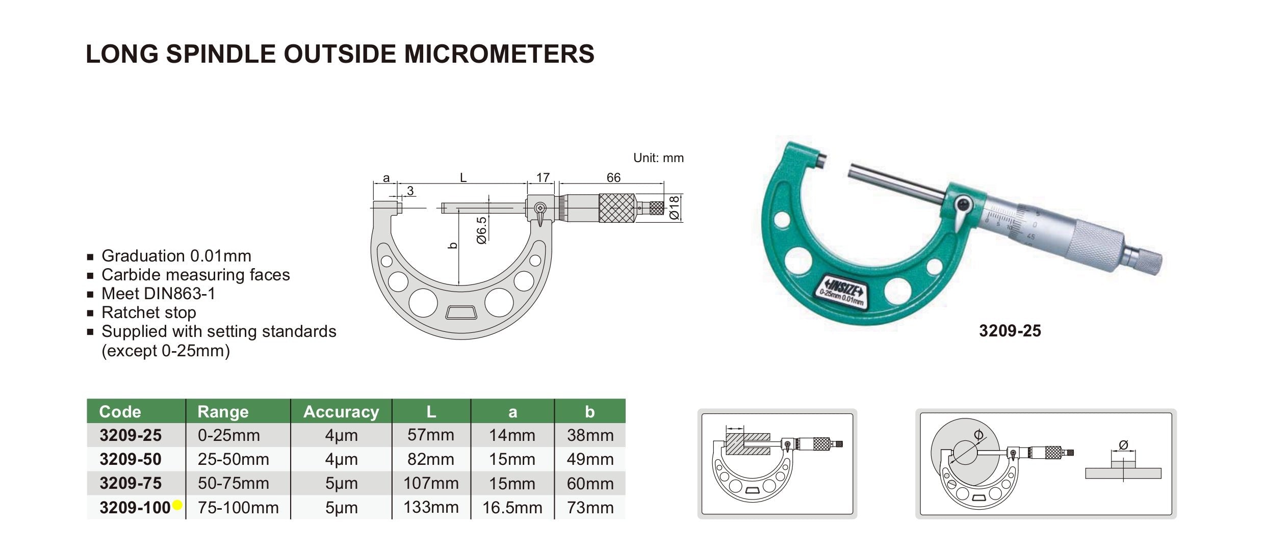 Insize Long Spindle Outside Micrometer 75-100mm Range Series 3209-100