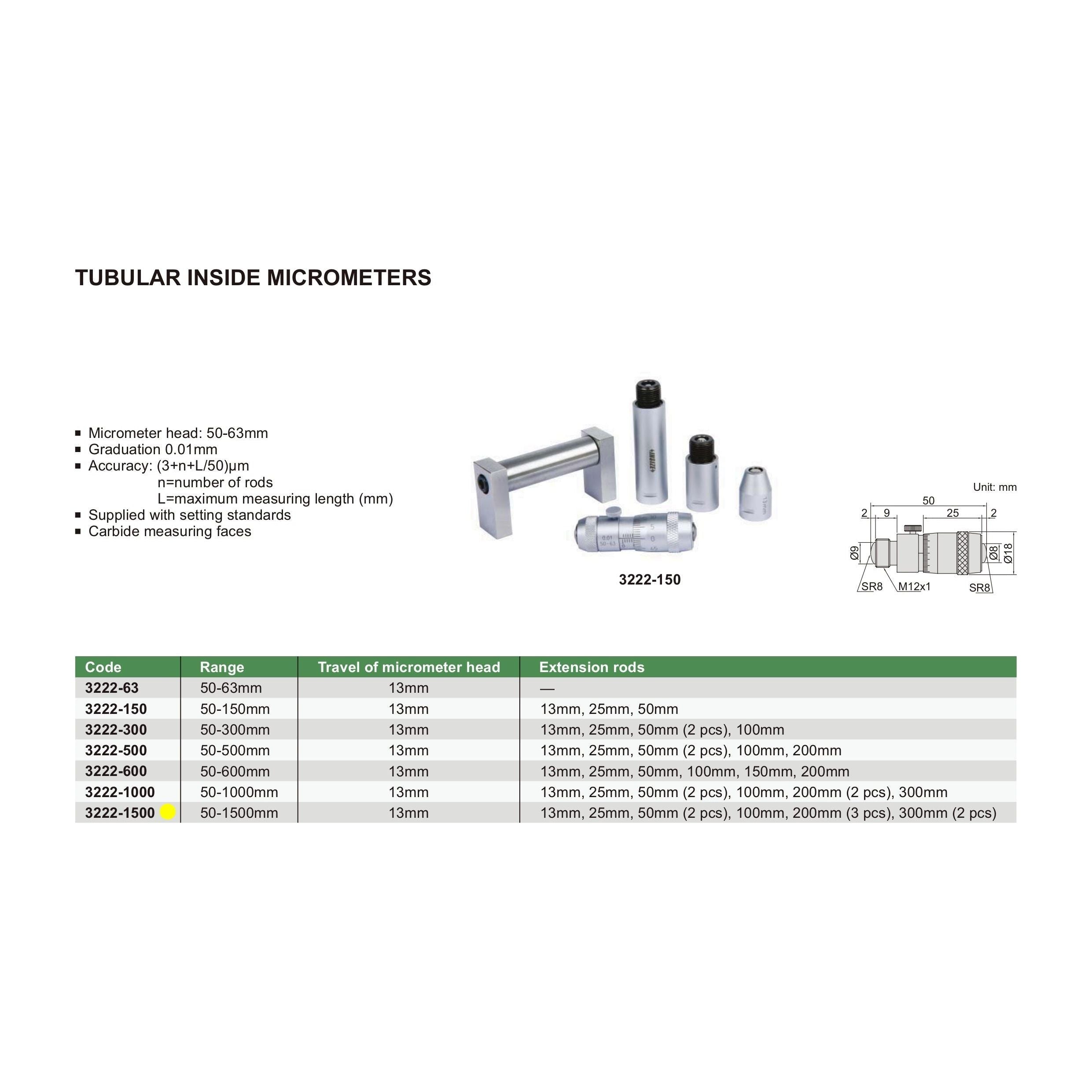 Insize Tubular Inside Micrometer 50-1500mm Range Series 3222-1500