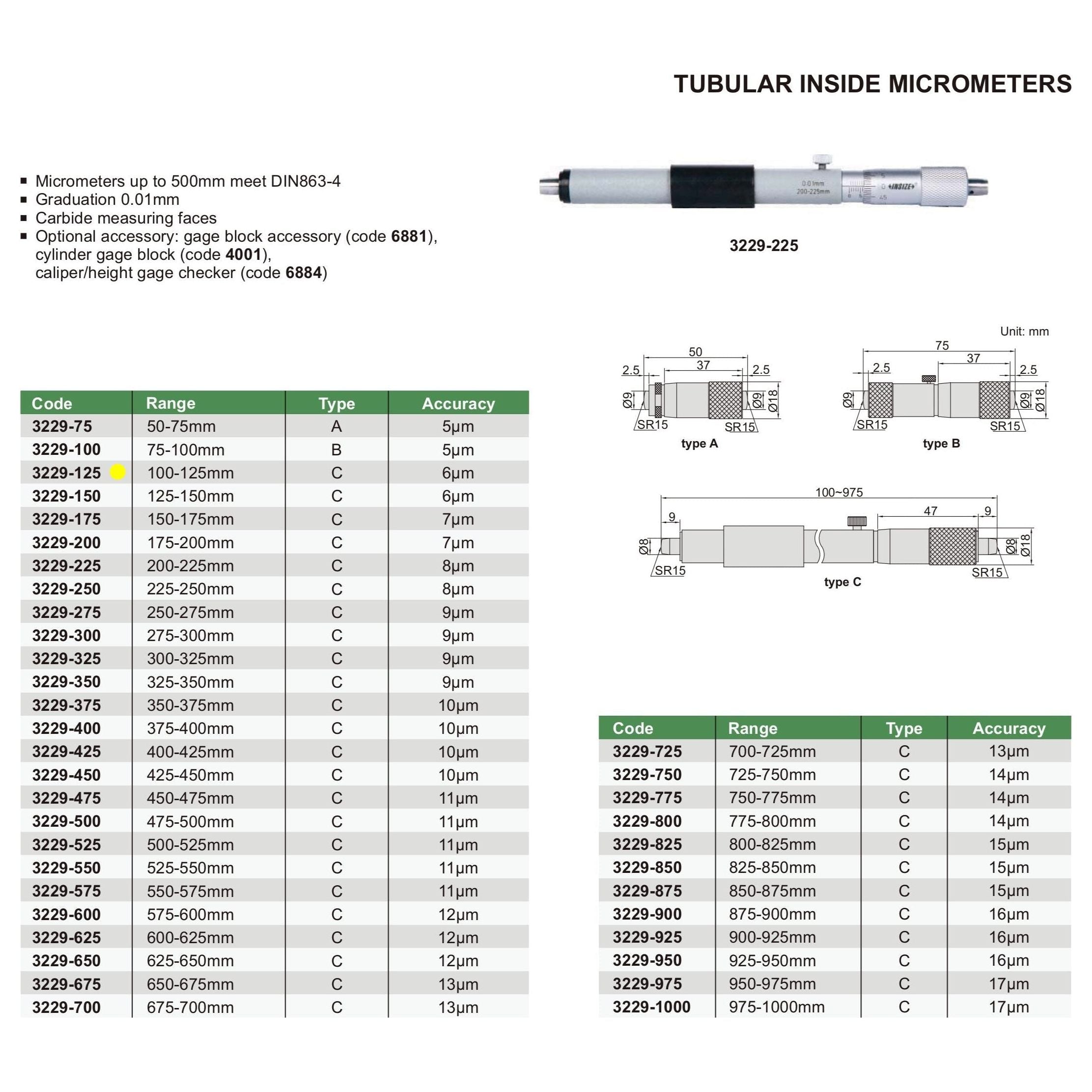 Insize Tubular Inside Micrometer 100-125mm Range Series 3229-125