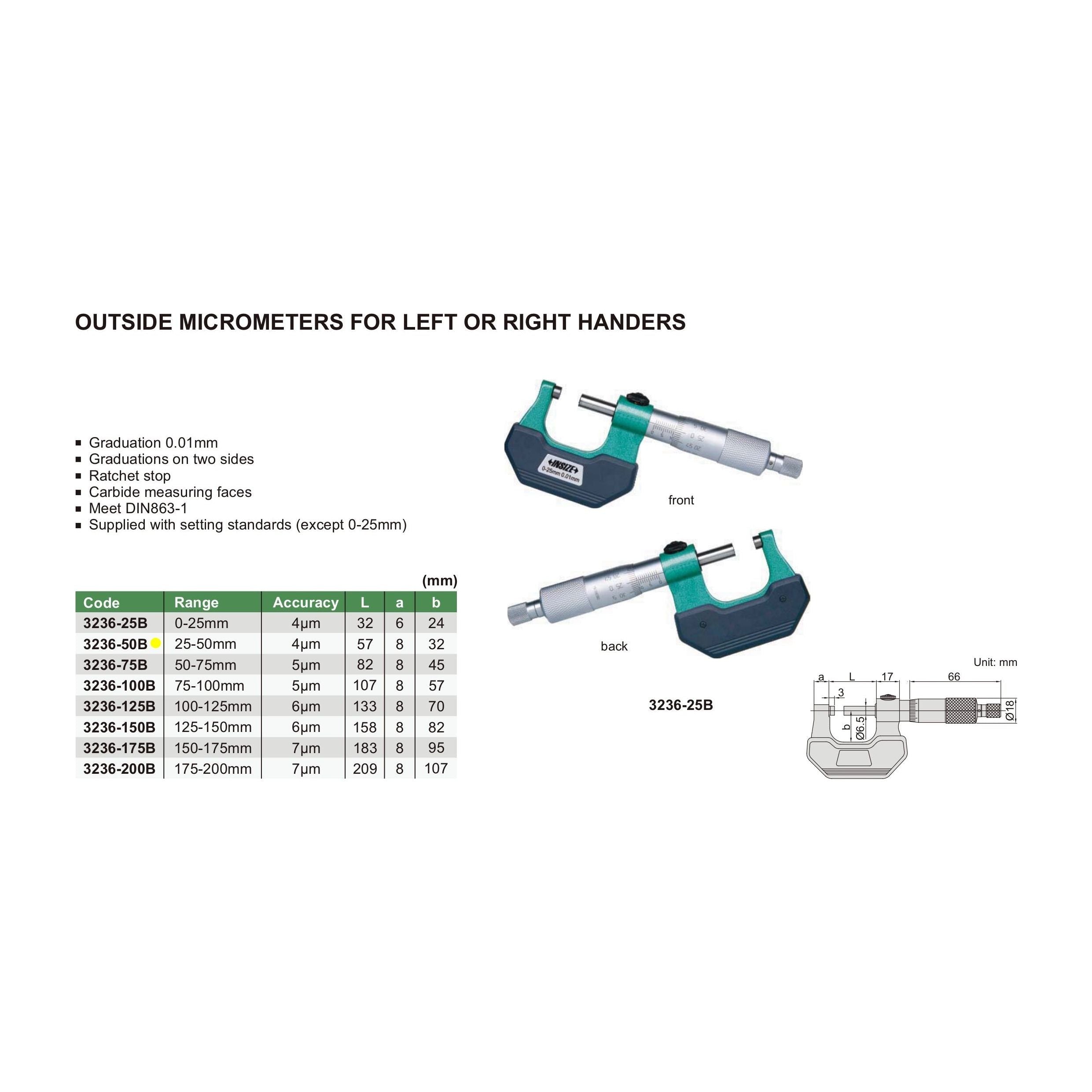 Insize Left Hand/Right Hand Outside Micrometer 25-50mm Range Series 3236-50B