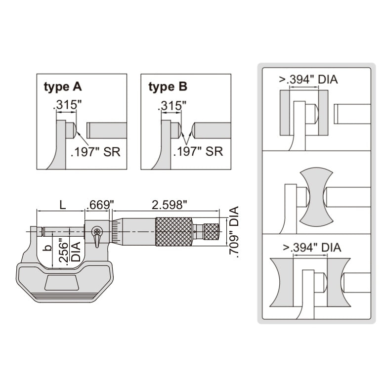Insize Spherical Anvil Tube Micrometer 2-3" Range Series 3260-3S
