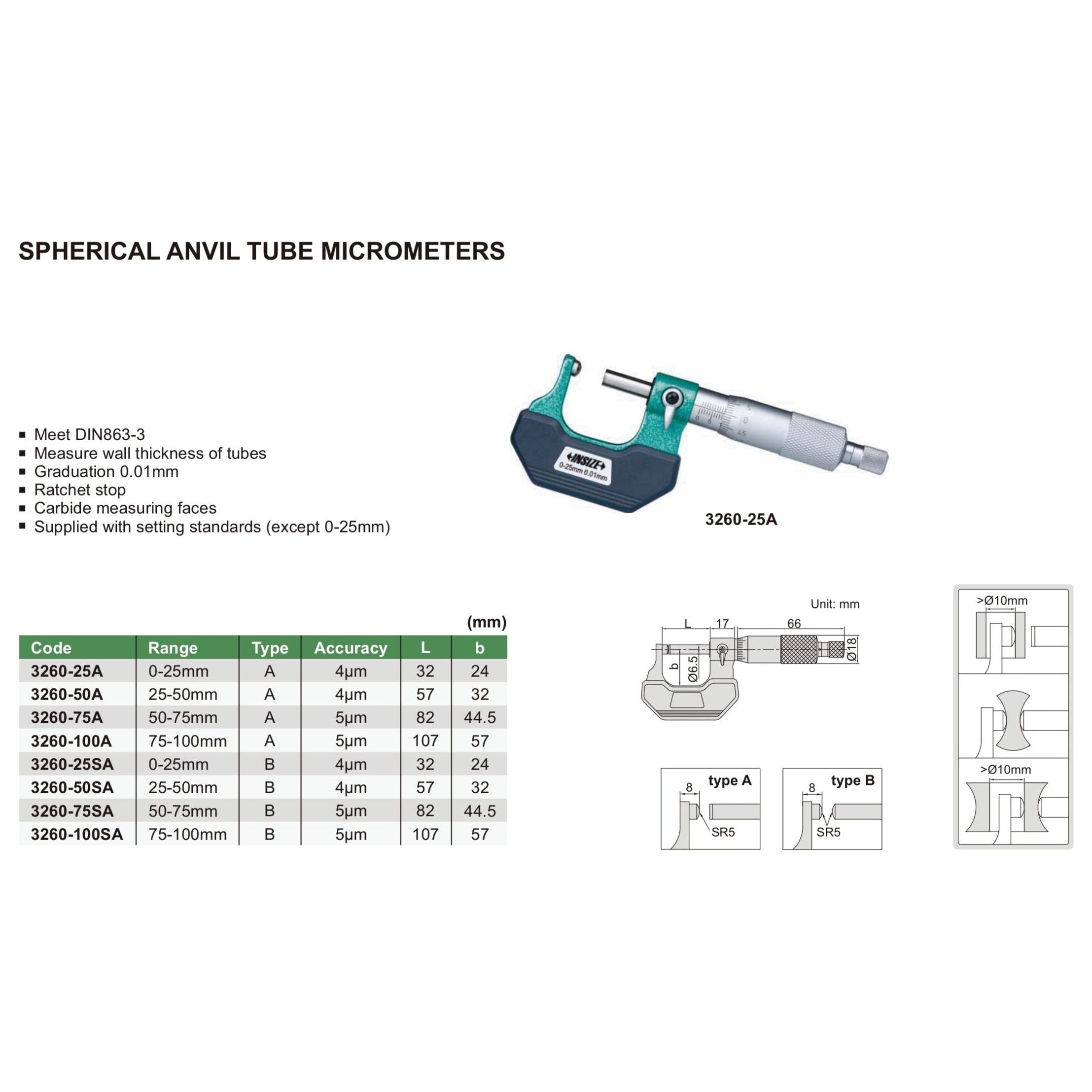 Insize Spherical Anvil Tube Micrometer 0-25mm Range Series 3260-25A