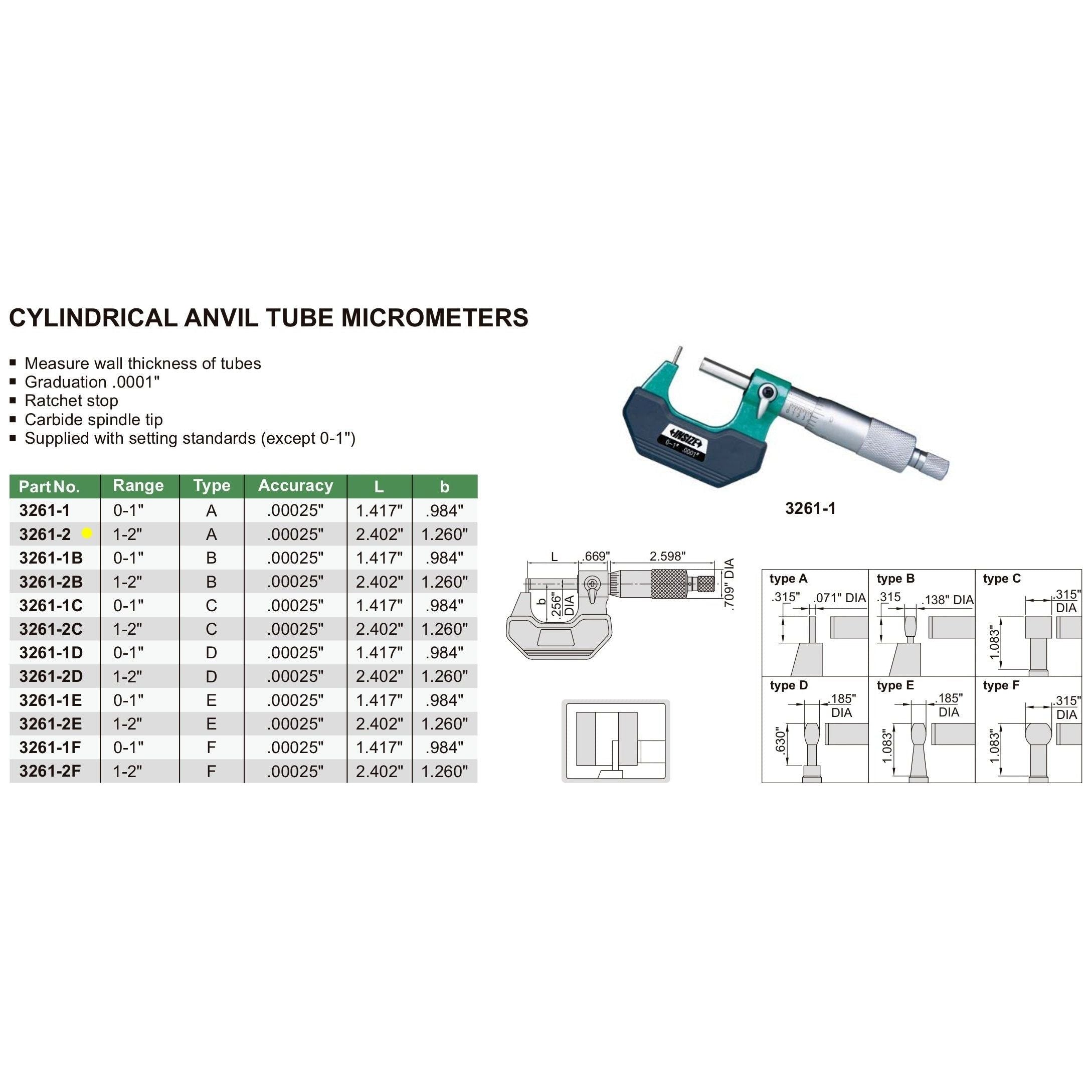 Insize Type A Cylindrical Anvil Micrometer 1-2" Range Series 3261-2